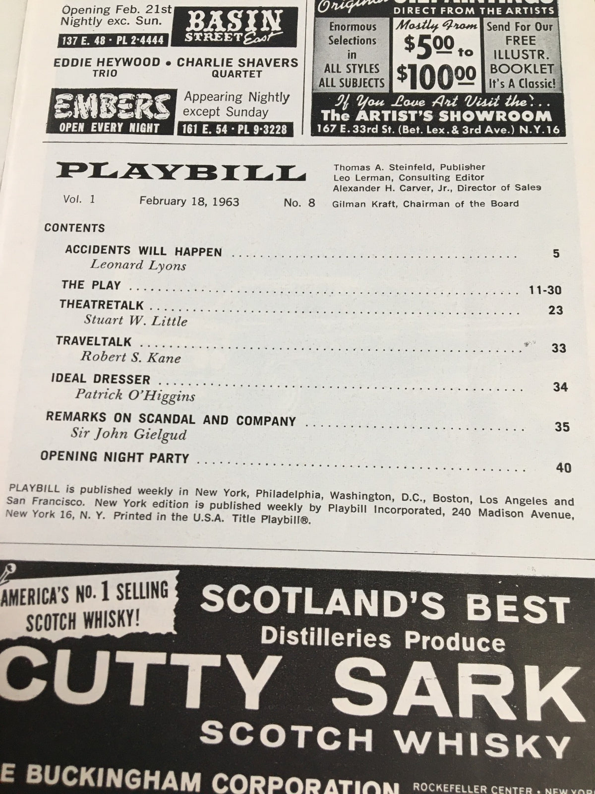 1963 Playbill from the Ziegfeld Theatre, featuring the contents page including performances by Maurice Chevalier and additional shows listed, celebrating theatrical history.