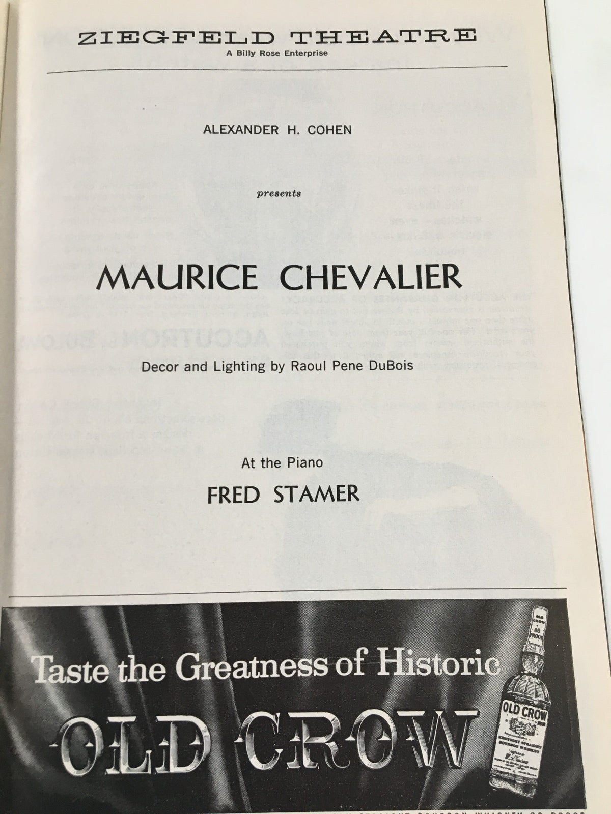 1963 Playbill from Ziegfeld Theatre featuring Maurice Chevalier and Fred Stamer at the piano, showcasing theatrical history and vintage entertainment.