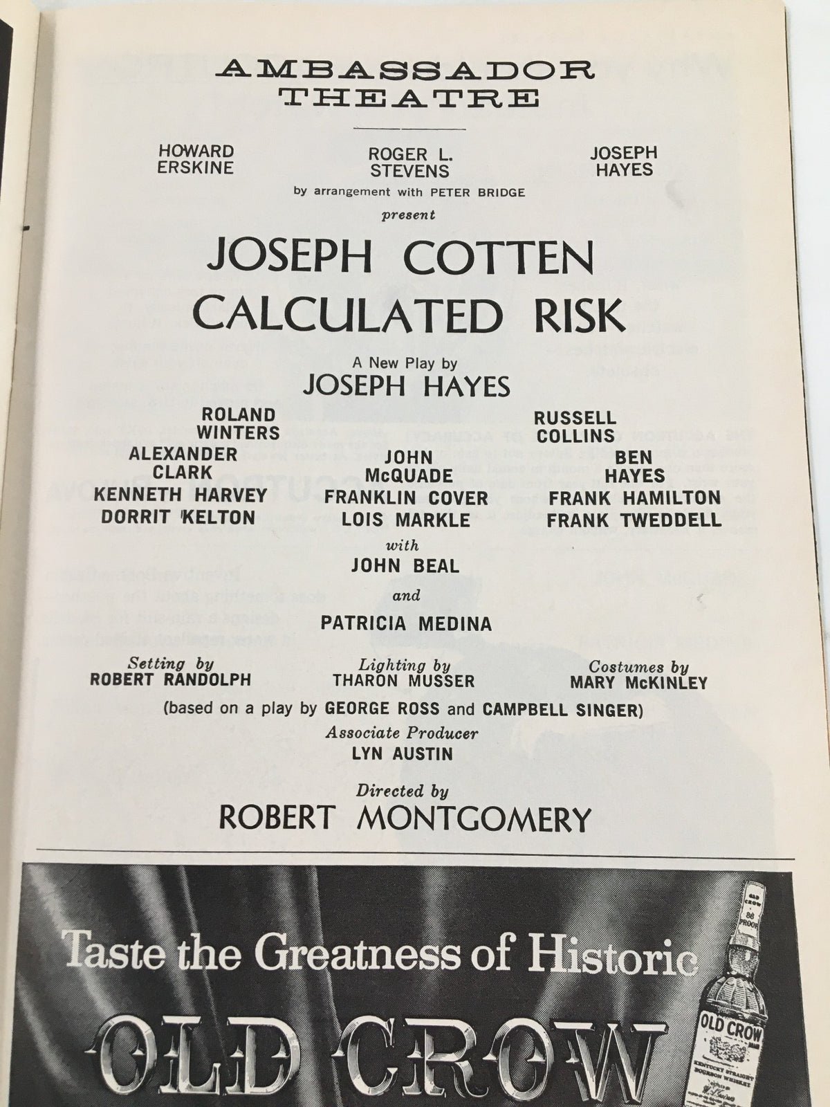 1963 Playbill featuring Joseph Cotten in Calculated Risk at the Ambassador Theatre, showcasing the cast and production details of this vintage theatrical performance.