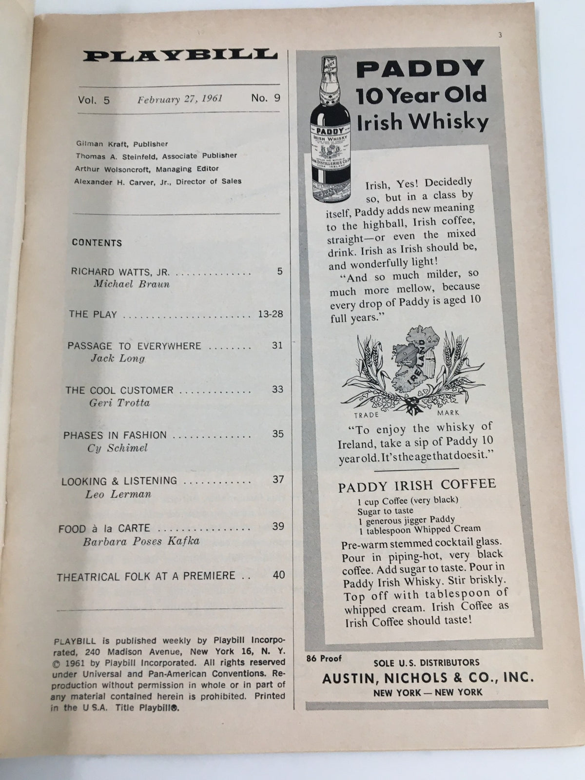Inside page of the 1961 Playbill for Advise and Consent, featuring an advertisement for Paddy 10-Year-Old Irish Whisky and other play-related content.