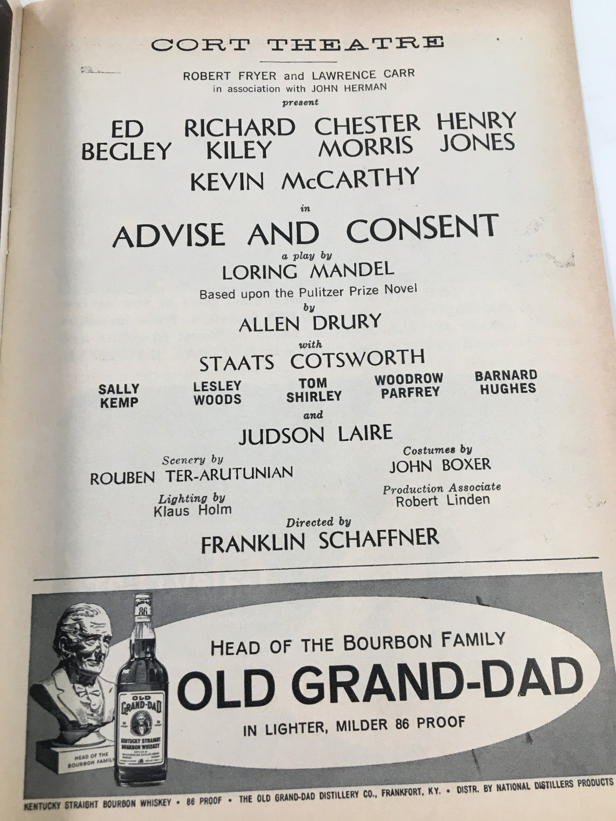 Credits page of the 1961 Playbill for Advise and Consent at Cort Theatre, listing key cast members including Ed Begley and Henry Jones, directed by Franklin Schaffner.