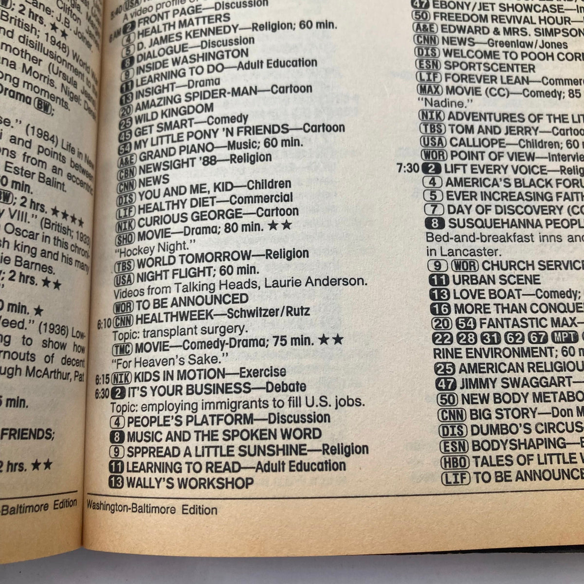 Interior page of TV Guide Magazine December 3 1988 displaying television program listings for a variety of shows, emphasizing the content available during that era, including children's programming and debates. A glimpse into the programming landscape from the late 80s.