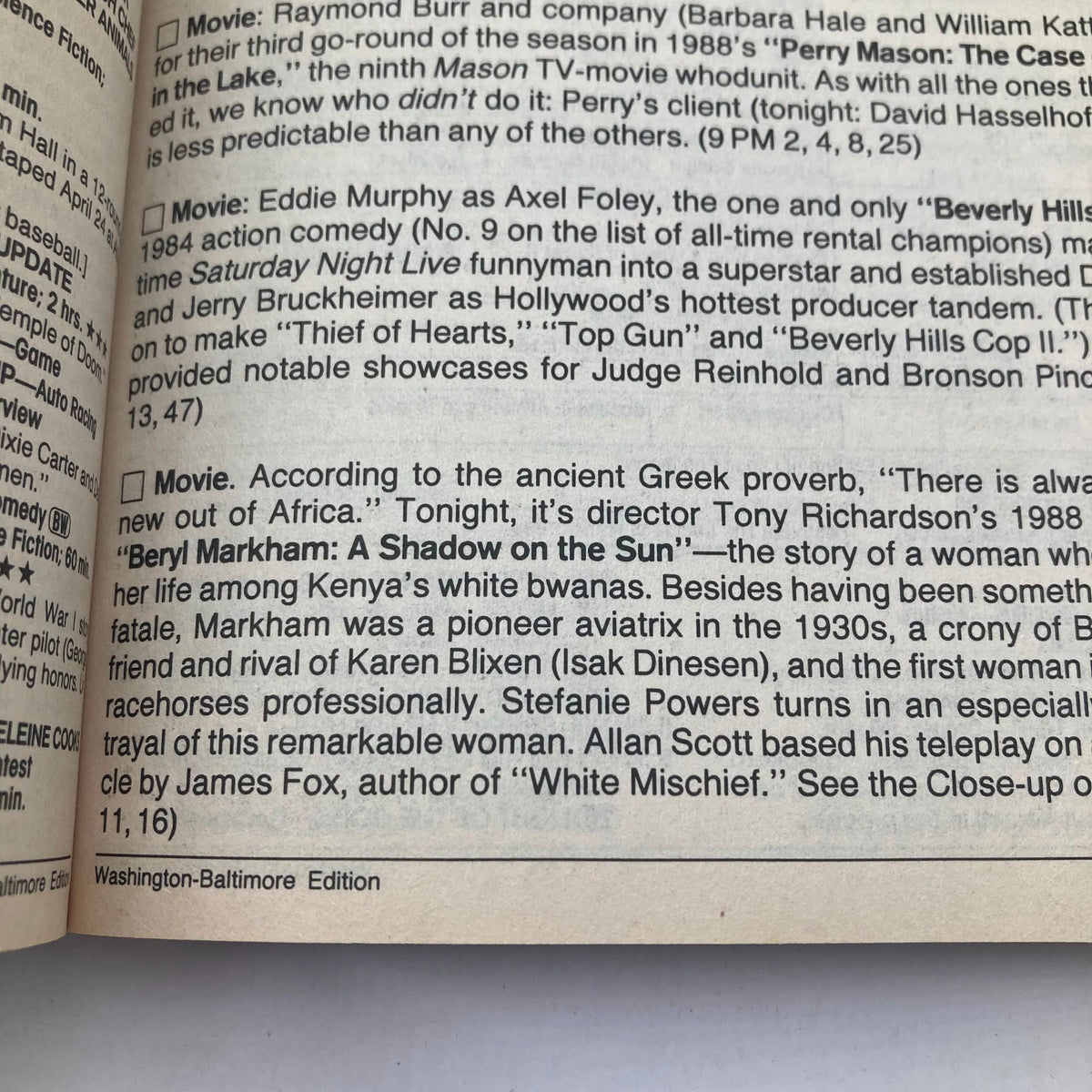Close-up view of the TV Guide Magazine May 14 1988 featuring articles on movies including Eddie Murphy and Beryl Markham, showcasing content from the Washington-Baltimore Edition.