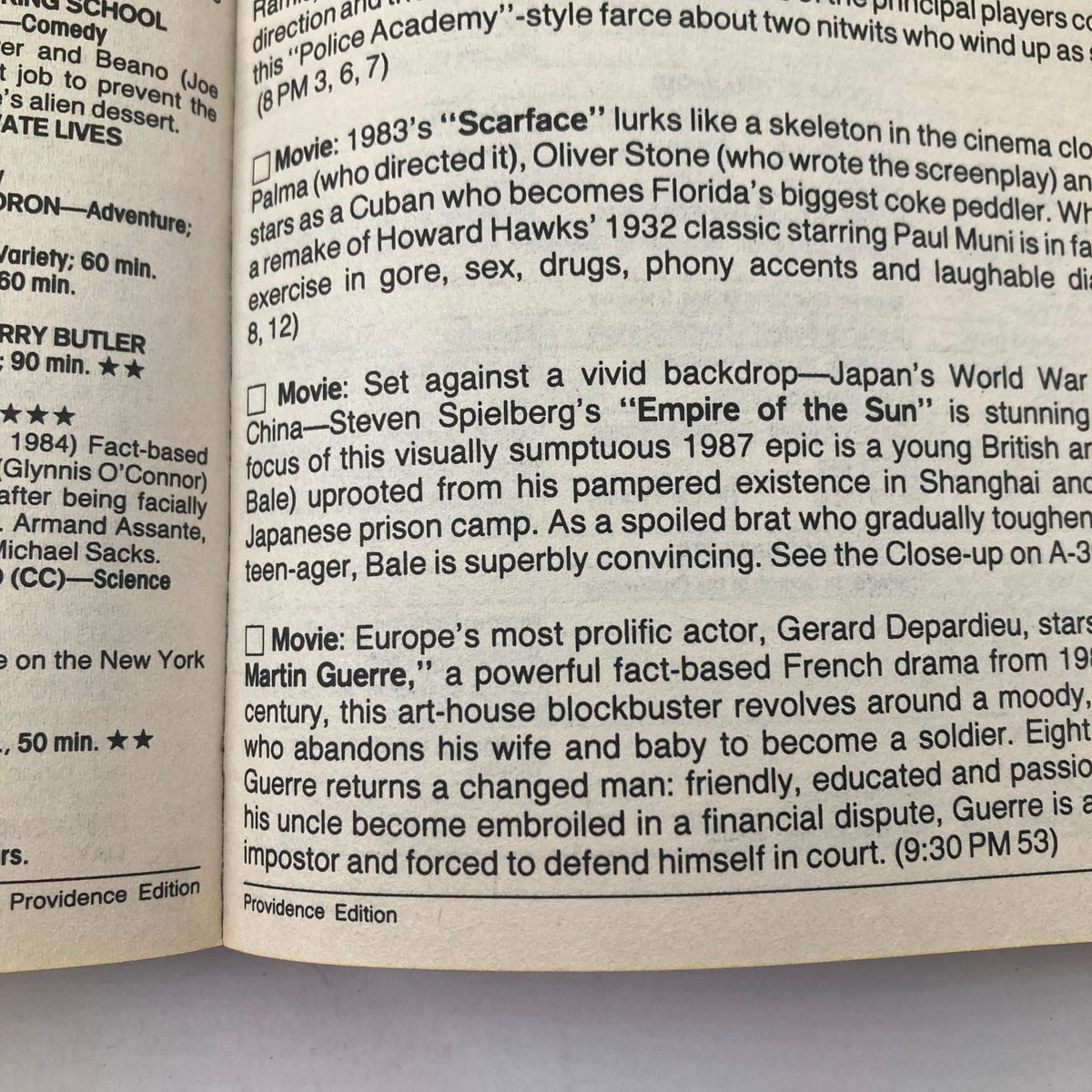 Interior page of TV Guide Magazine January 7 1989 featuring movie reviews including 'Scarface,' 'Empire of the Sun,' and 'Martin Guerre.' The page is from the Providence Edition of the magazine.