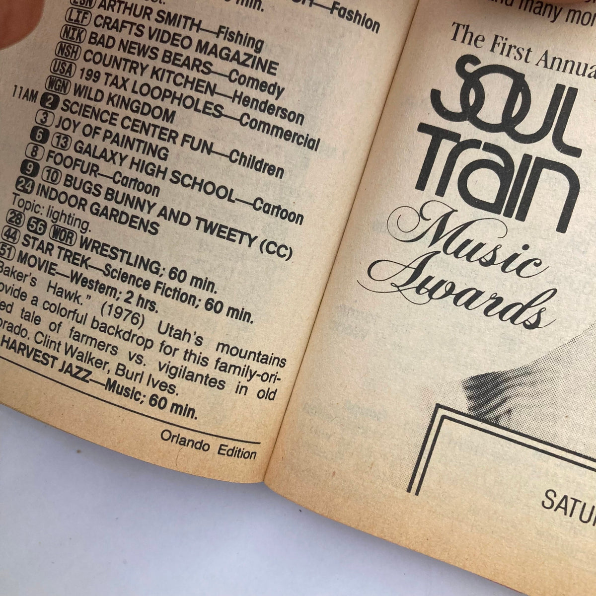 Inside page of TV Guide Magazine March 28, 1987, showcasing the TV listings and the first annual Soul Train Music Awards.