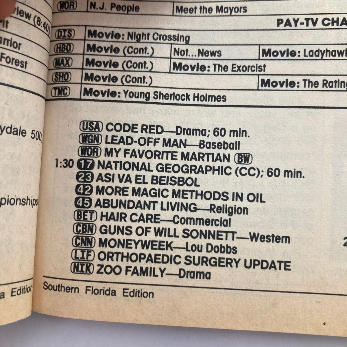 Inside page of TV Guide Magazine from April 11, 1987 featuring programming listings including 'My Favorite Martian' and 'National Geographic', part of the Newhart Gang Southern Florida edition.