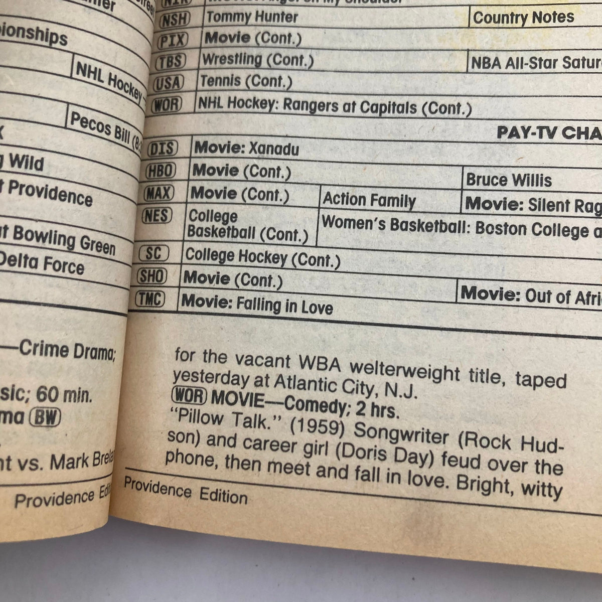 Inside page of TV Guide Magazine February 7 1987, showcasing programming schedule and movie listings including notable films like Xanadu and Pillow Talk. Providence Edition.