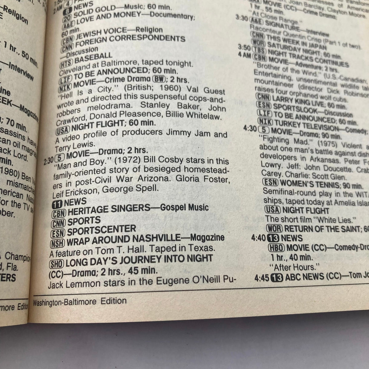 Inside page from the Washington-Baltimore edition of TV Guide Magazine April 18-24, 1987, listing television programs and schedules.