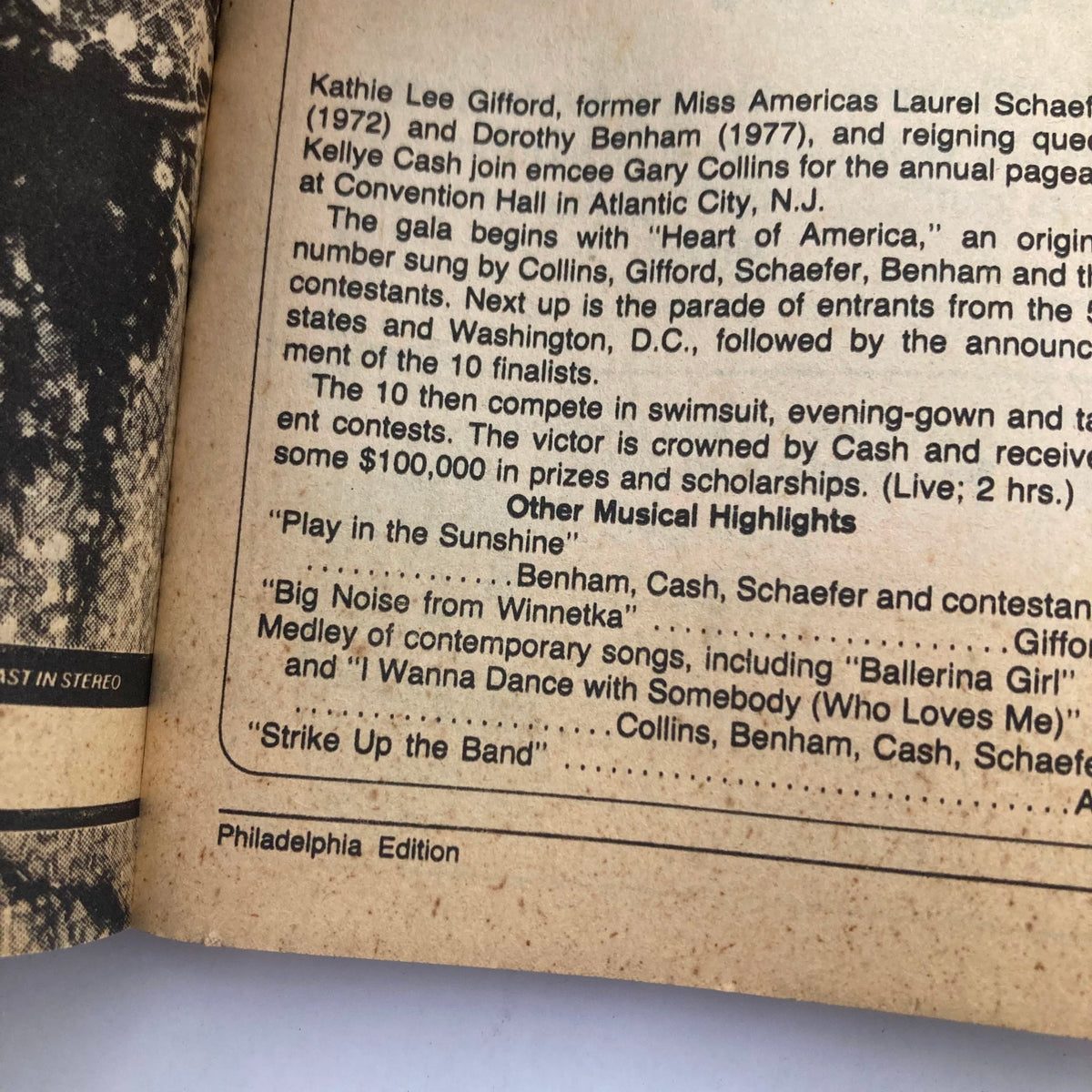 Inside page of TV Guide Magazine dated September 19-25, 1987, detailing the Miss America Pageant with highlights from the event and musical performances, capturing the essence of the television culture from the era.