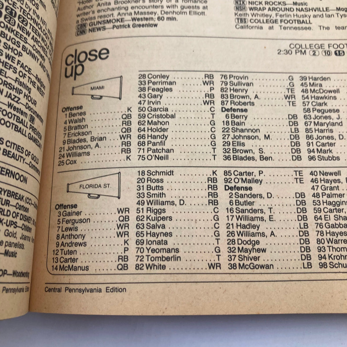 Inside page of the TV Guide Magazine October 3 1987 displaying college football team rosters for Miami and Florida State, including player positions and numbers.
