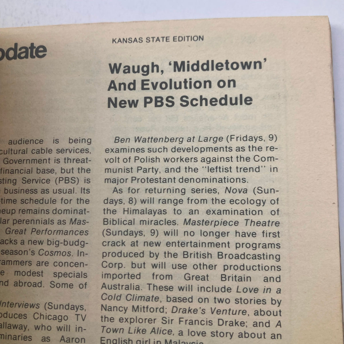 TV Guide Magazine May 30 1981 featuring an article titled 'Waugh, Middletown and Evolution on New PBS Schedule.' The magazine page discusses various PBS programs including Nova and Masterpiece Theatre, set in the context of Kansas State Edition.