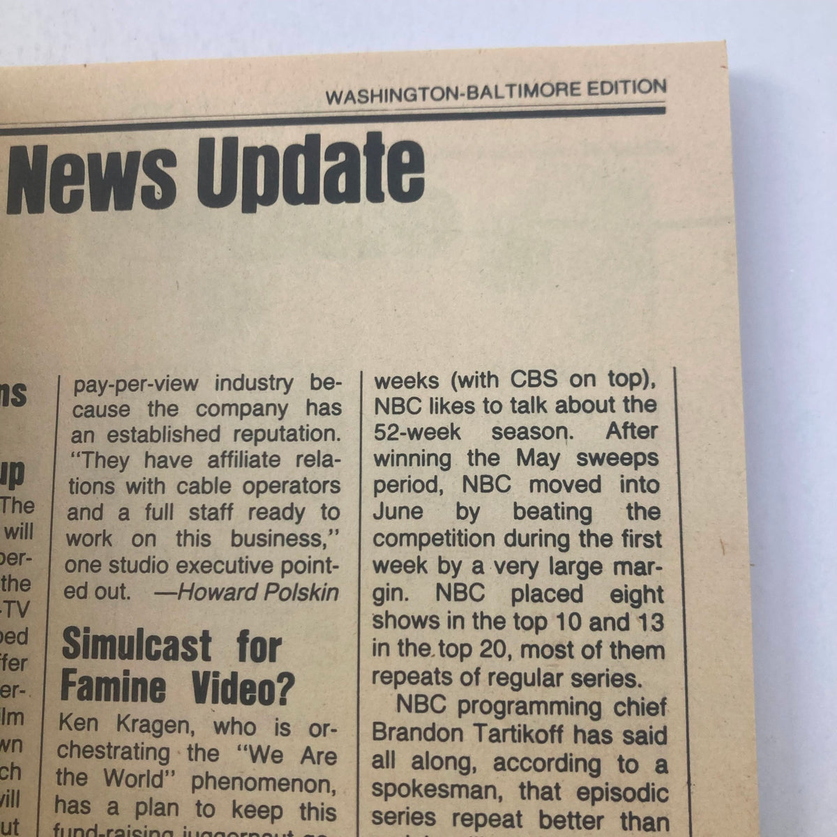 Inside page of TV Guide Magazine June 15 1985, Washington-Baltimore Edition, featuring a news update about the television industry, highlighting significant show ratings and network performances.