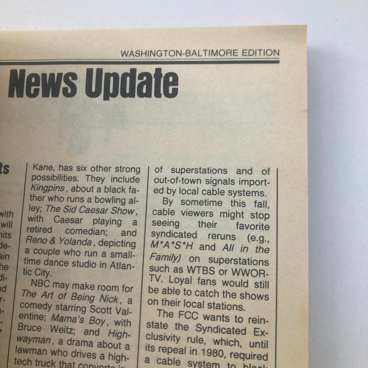 Inside page of the TV Guide Magazine May 9, 1987, 'Washington-Baltimore Edition,' displaying a news update about upcoming television shows and cable system changes.