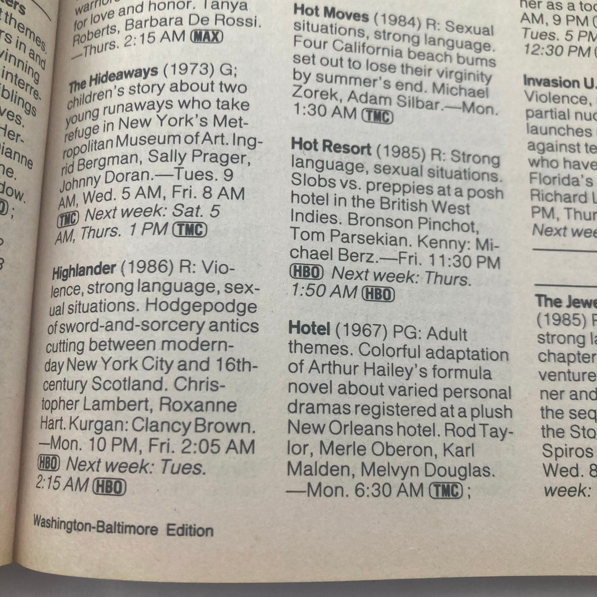 Interior page from TV Guide Magazine November 14, 1987, listing programming details such as 'Highlander' and 'Hotel', with Washington-Baltimore edition notes.
