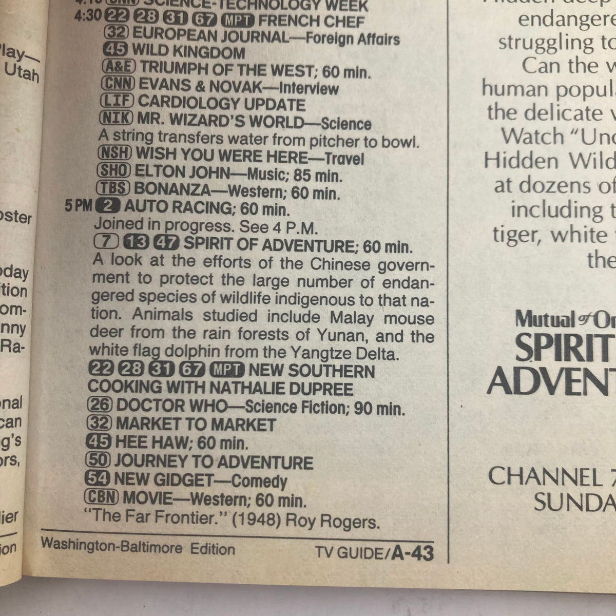 TV Guide Magazine July 18 1987 inner page featuring a TV programming schedule, including shows like 'Doctor Who' and 'Spirit of Adventure,' from the Washington-Baltimore edition.
