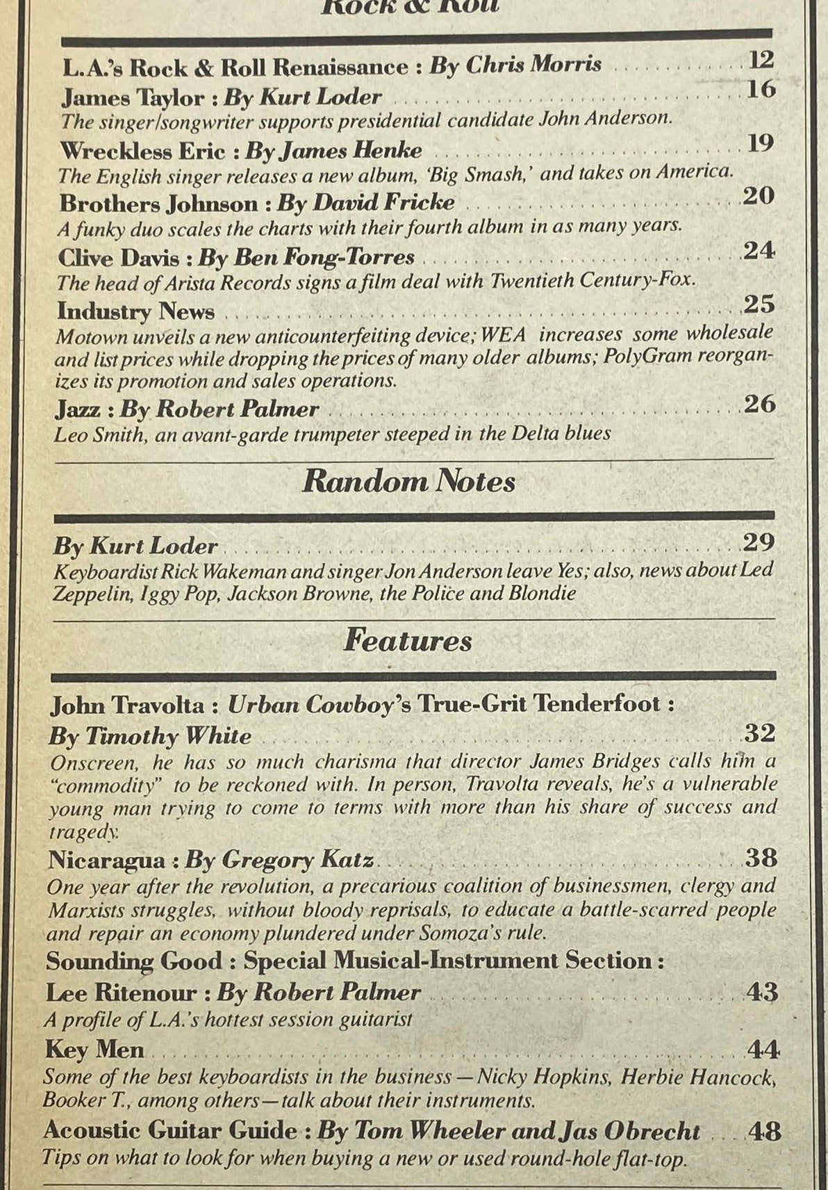 Table of contents from Rolling Stone Magazine, July 10, 1980 Issue 321, highlighting articles on musicians and cultural commentary including features on John Travolta.