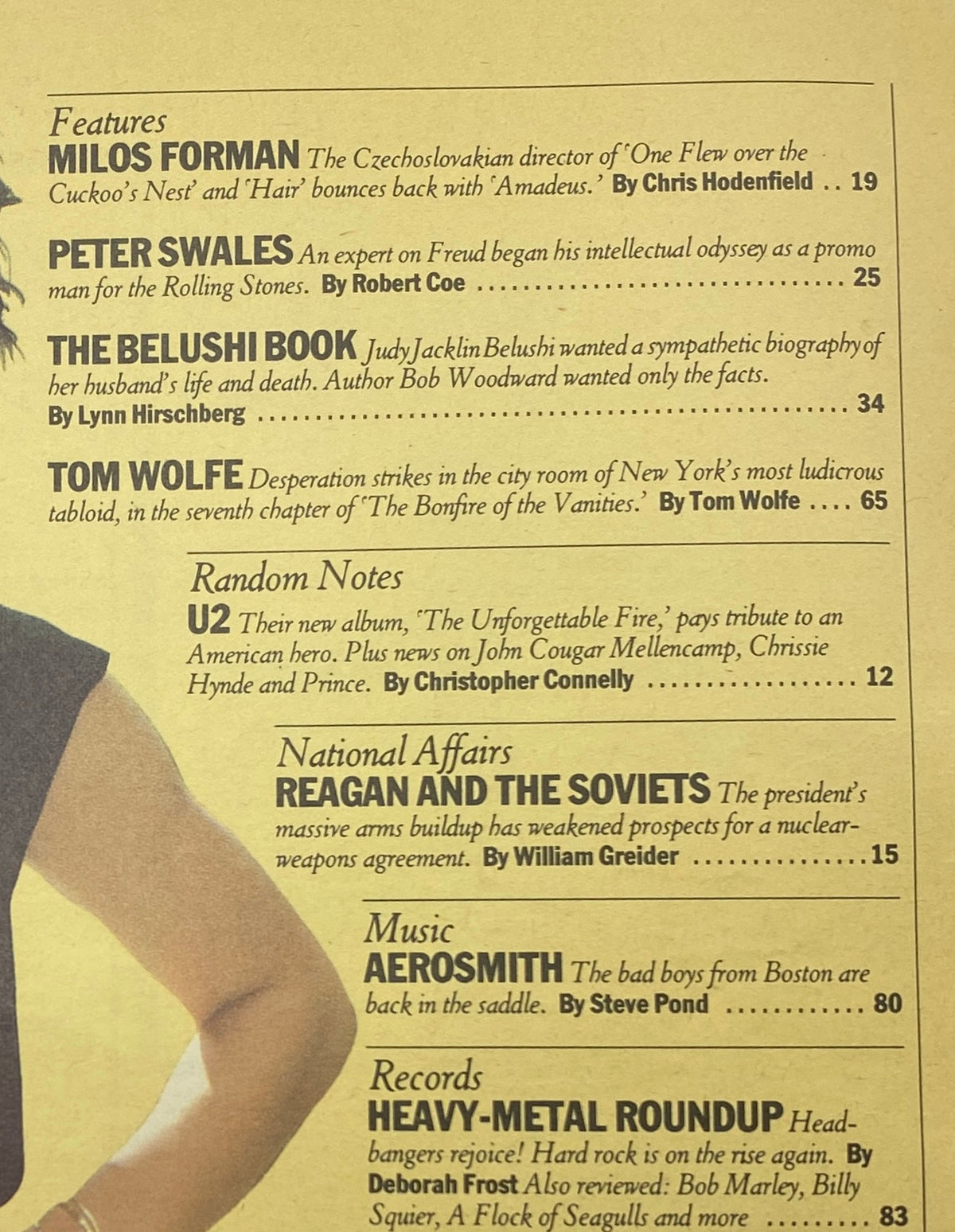 Interior page of Rolling Stone Magazine September 27, 1984 Issue 431 featuring articles on Milos Forman, The Belushi Book, and Aerosmith, showing the content layout.