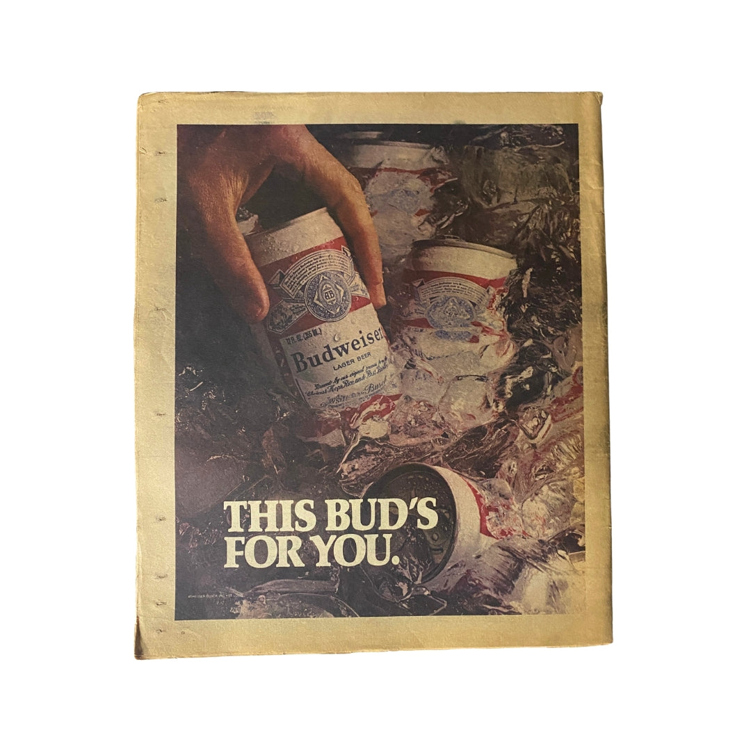 Back cover of VTG Rolling Stone Magazine September 4, 1980 Issue 325 featuring an advertisement for Budweiser beer, illustrating vintage marketing from the 1980s.