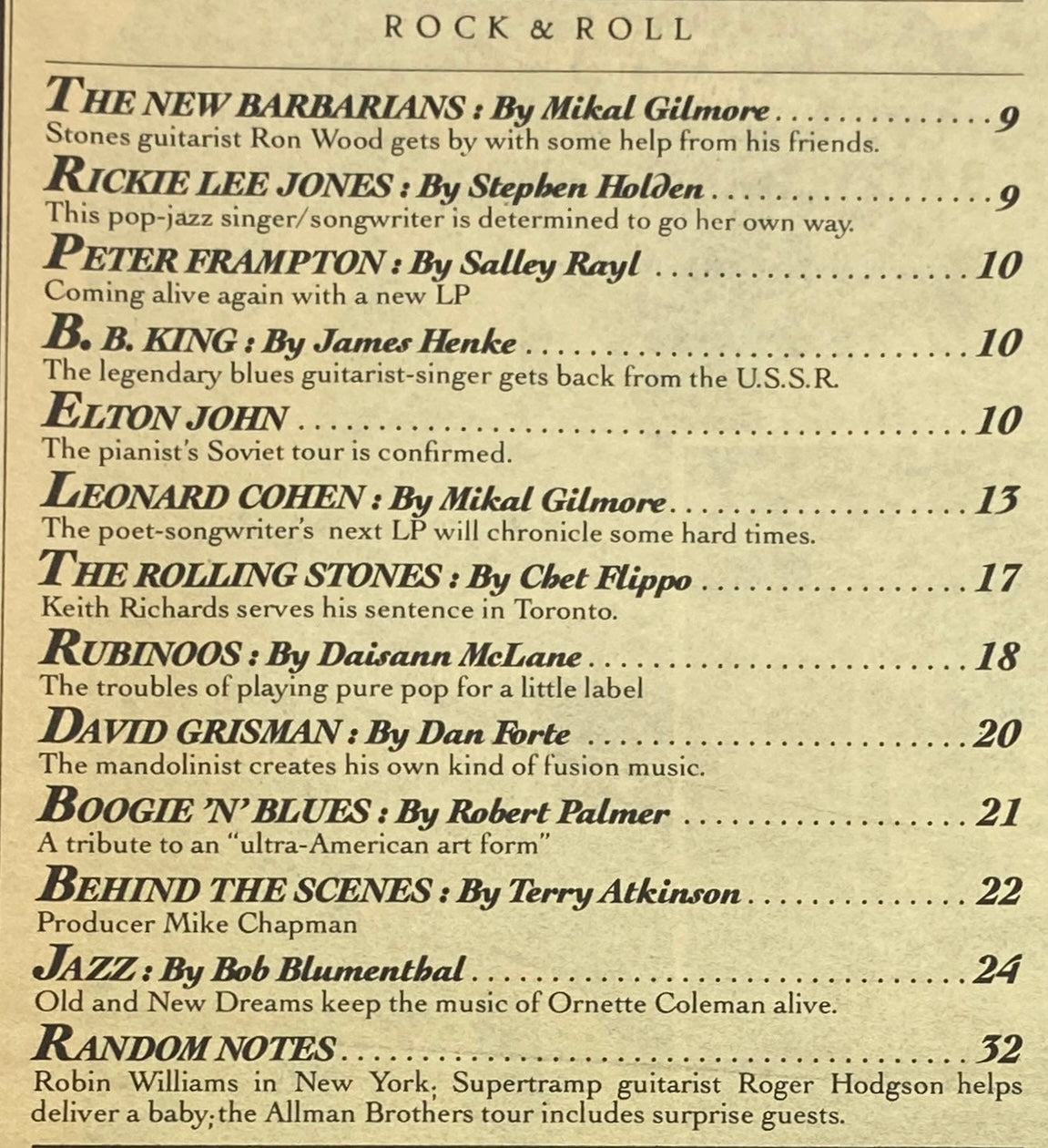 Interior page of VTG Rolling Stone Magazine May 31, 1979, listing articles including features on artists like Ron Wood and Rickie Lee Jones.
