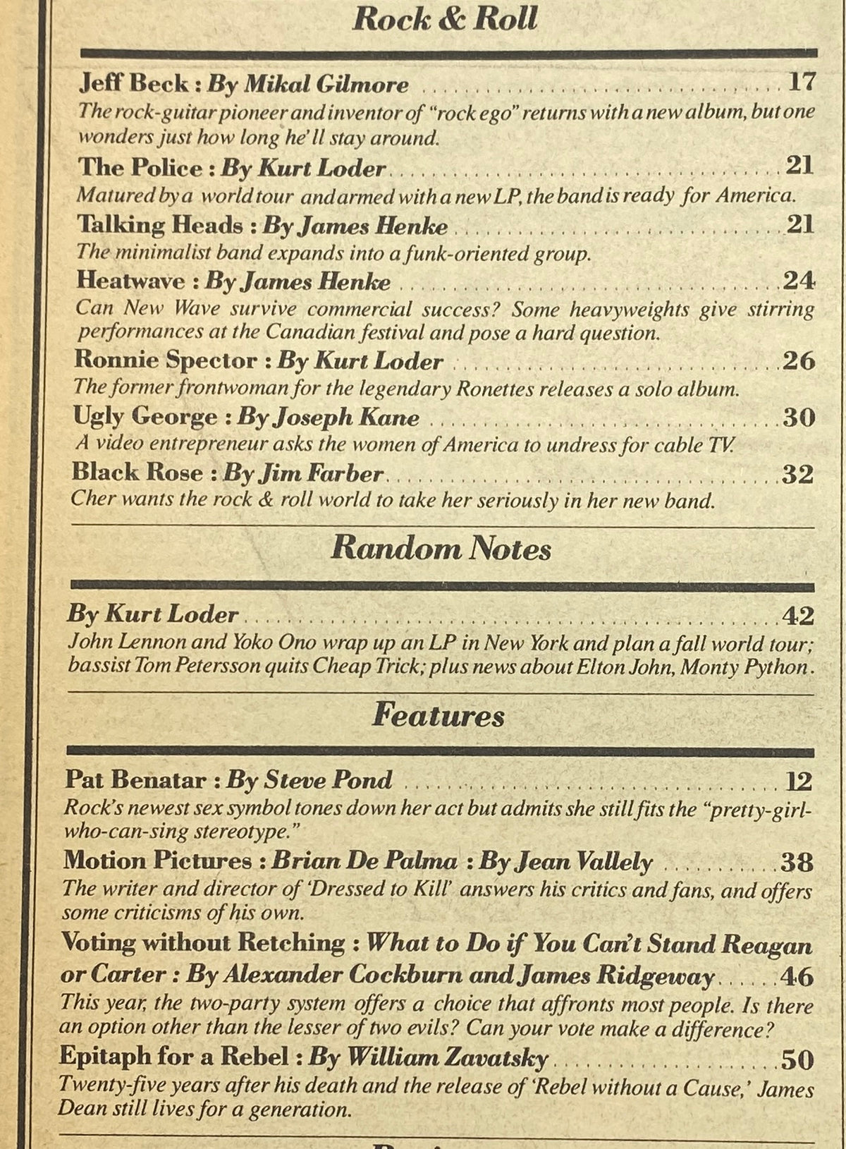 Inside page of the Rolling Stone Magazine, October 16, 1980, Issue 328, showcasing articles related to rock and roll, including features on Pat Benatar and Brian De Palma, reflecting social and musical trends of the era.