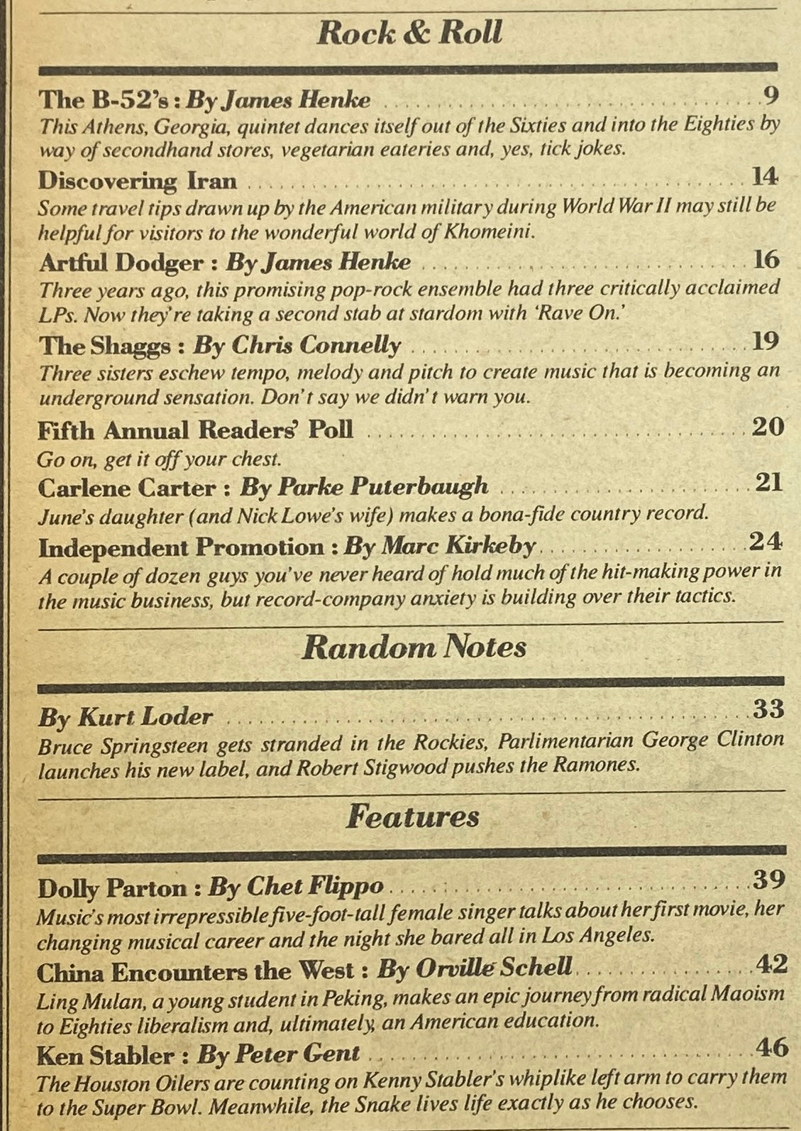 Table of contents from the Vintage Rolling Stone Magazine December 11, 1980, highlighting key articles including Dolly Parton's feature, insights on emerging artists, and cultural commentary.