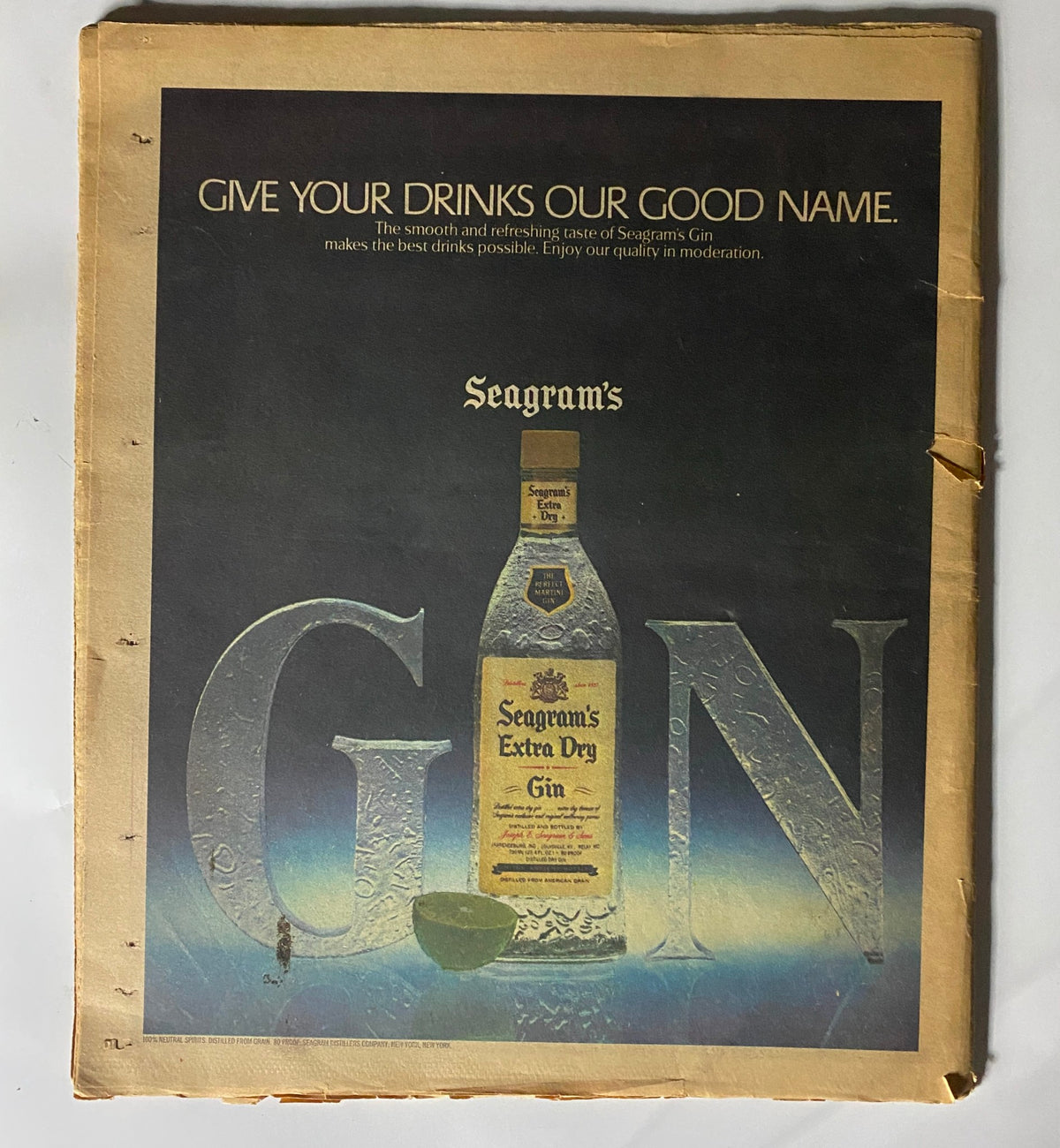 Vintage Rolling Stone Magazine December 11, 1980 Issue 332 featuring an advertisement for Seagram's Gin, showcasing the bottle and a lime against a dark background.