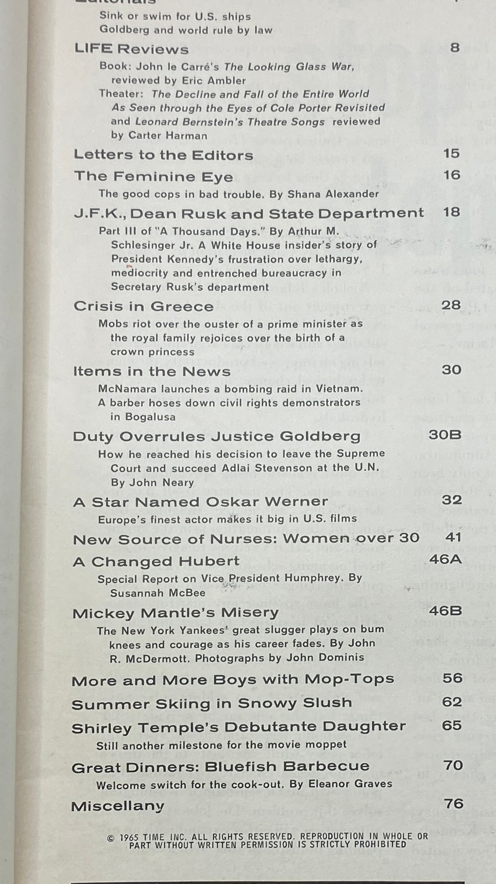 Interior page of the July 30, 1965 Life Magazine, detailing content such as editorial pieces and notable features. Includes items like 'Mickey Mantle’s Misery' and reviews on current books and theater, showcasing the magazine's diverse coverage.
