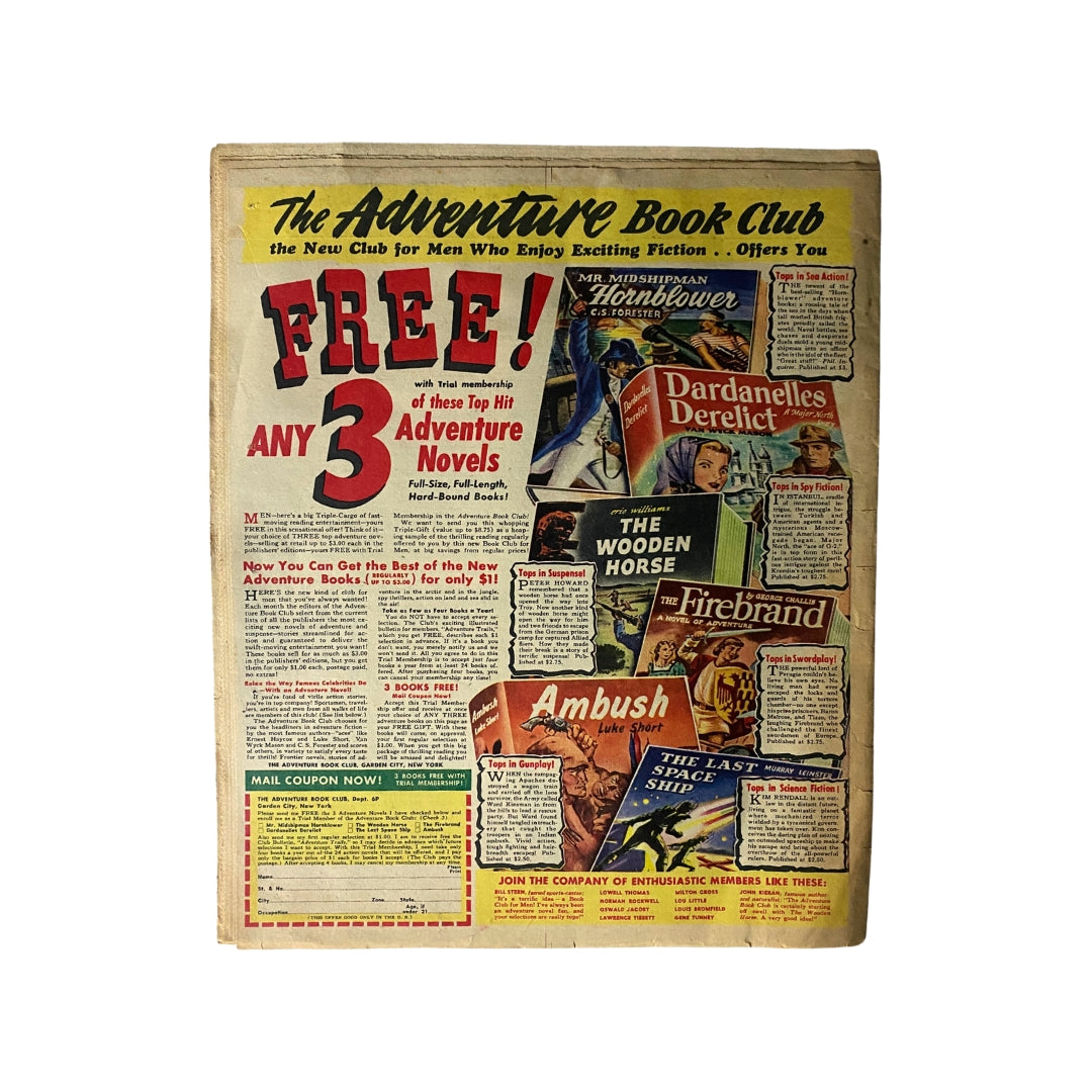 Back cover of the VTG Parade magazine from The Washington Post, showcasing an advertisement for The Adventure Book Club, promoting exciting adventure novels for readers.