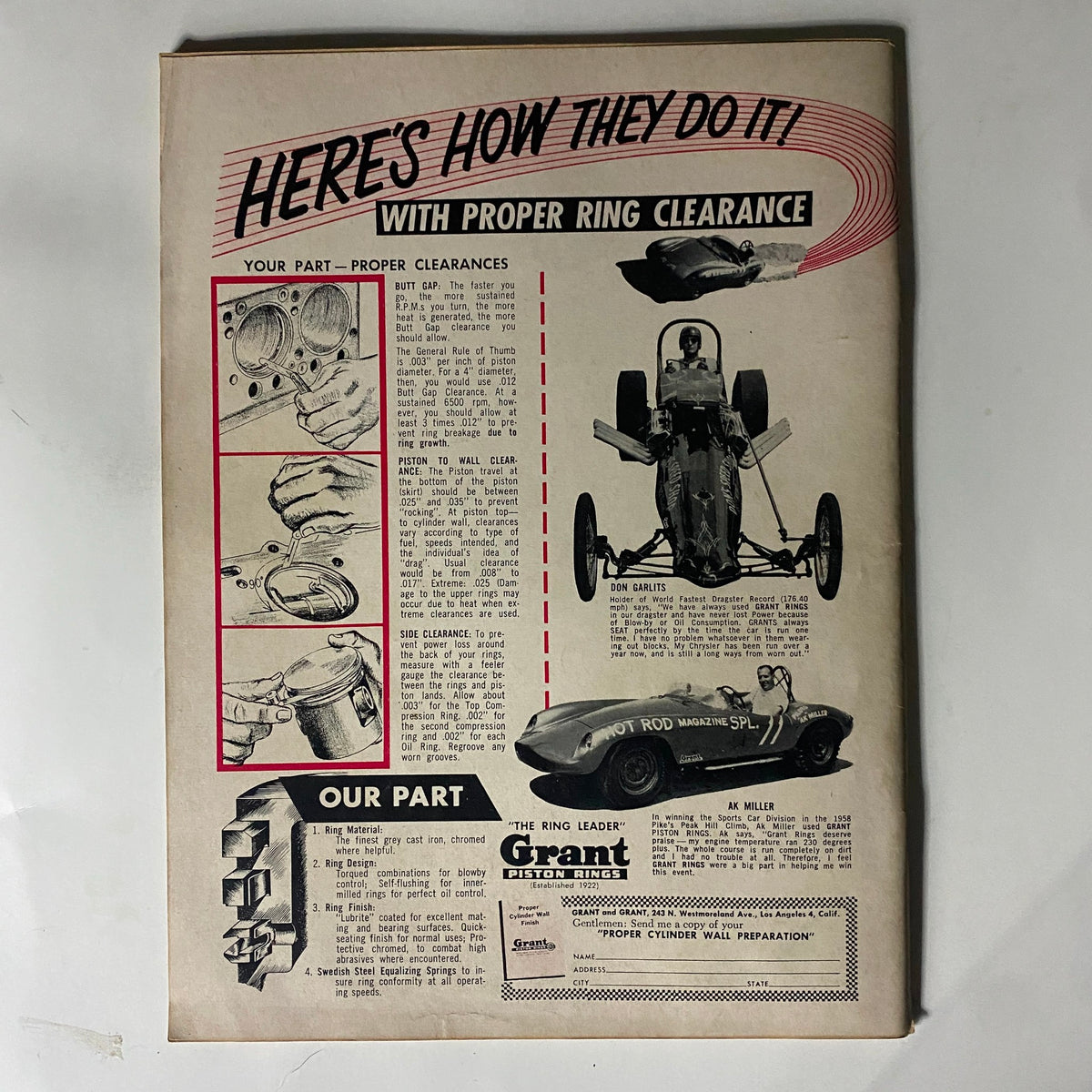 Instructional page from VTG Hot Rod Magazine January 1959 discussing proper ring clearance for drag racing performance, featuring images and specifications for automotive enthusiasts.