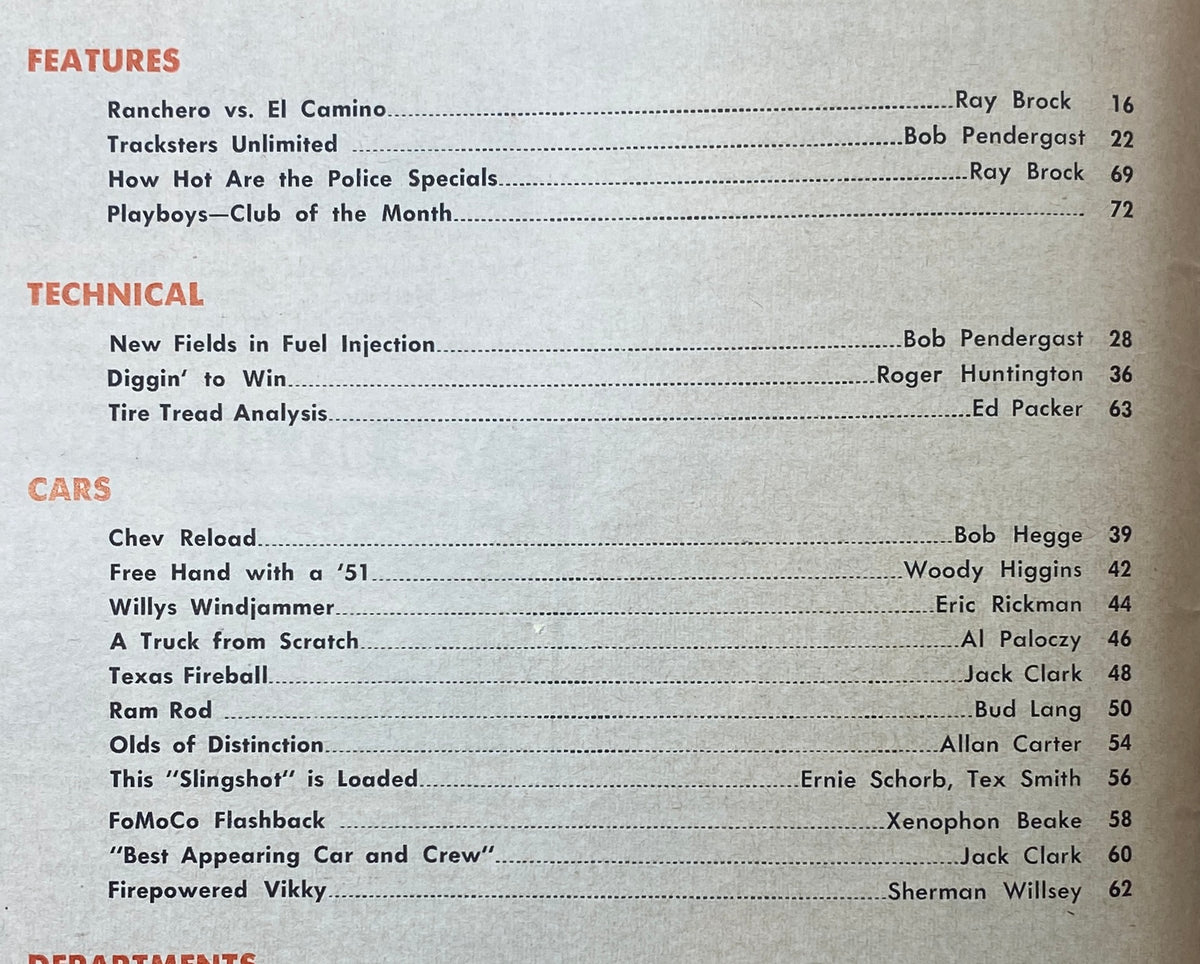 Table of contents from VTG Hot Rod Magazine February 1959 highlighting articles including Ranchero vs El Camino.