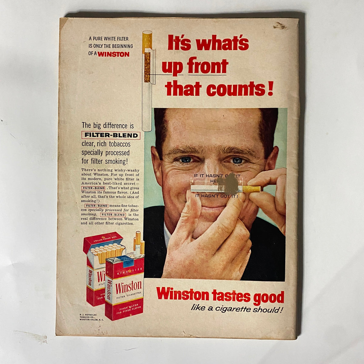 Back cover ad of VTG Hot Rod Magazine February 1959 showcasing Winston cigarettes with a man holding a cigarette.
