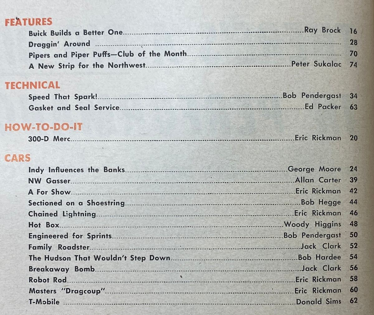 Table of contents from VTG Hot Rod Magazine March 1959 featuring articles on classic cars, including "Buick Builds a Better One" and "Draggin' Around."