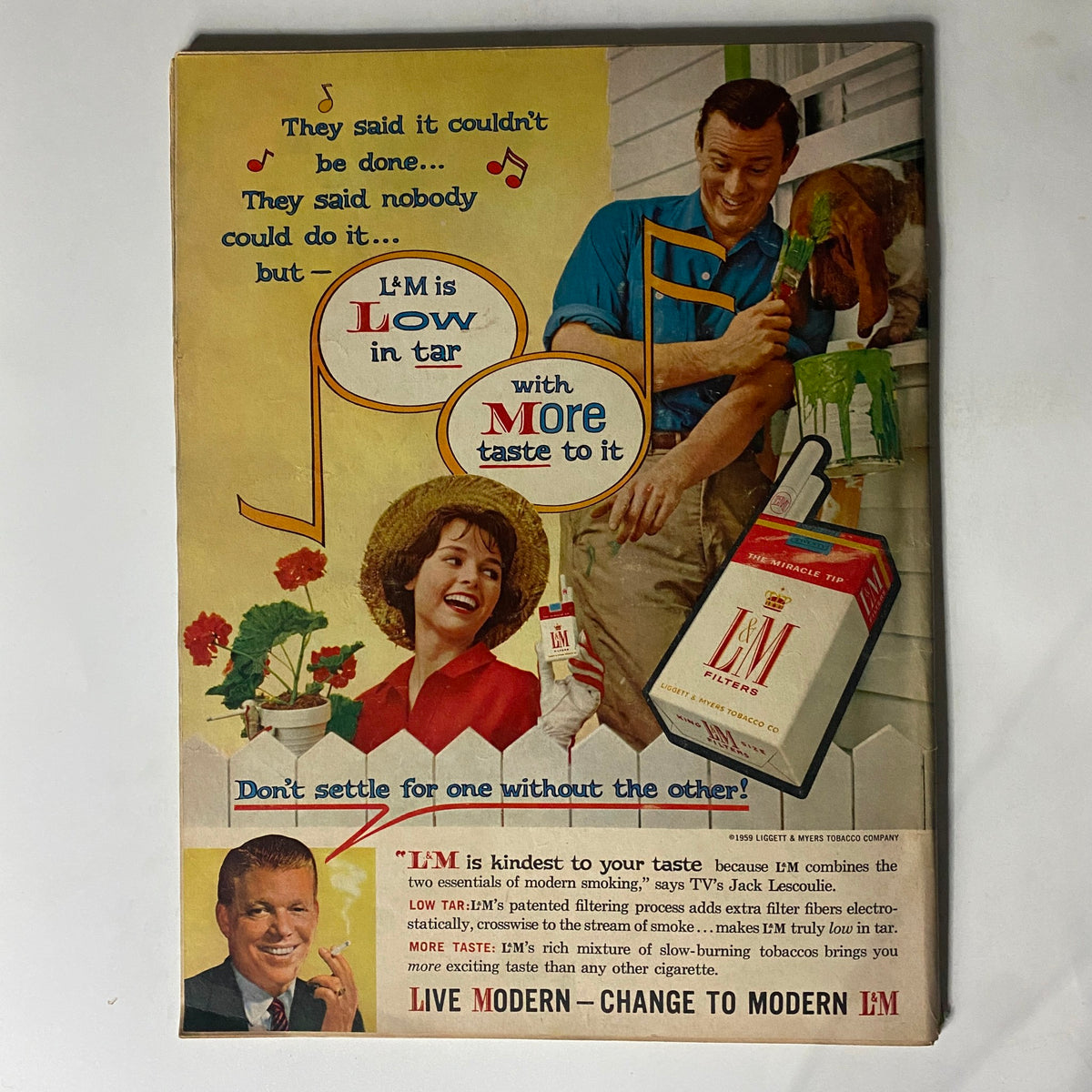 Vintage advertisement from 1959 showcasing L&M cigarettes, emphasizing their low tar content and flavor, alongside vibrant imagery of modern life.