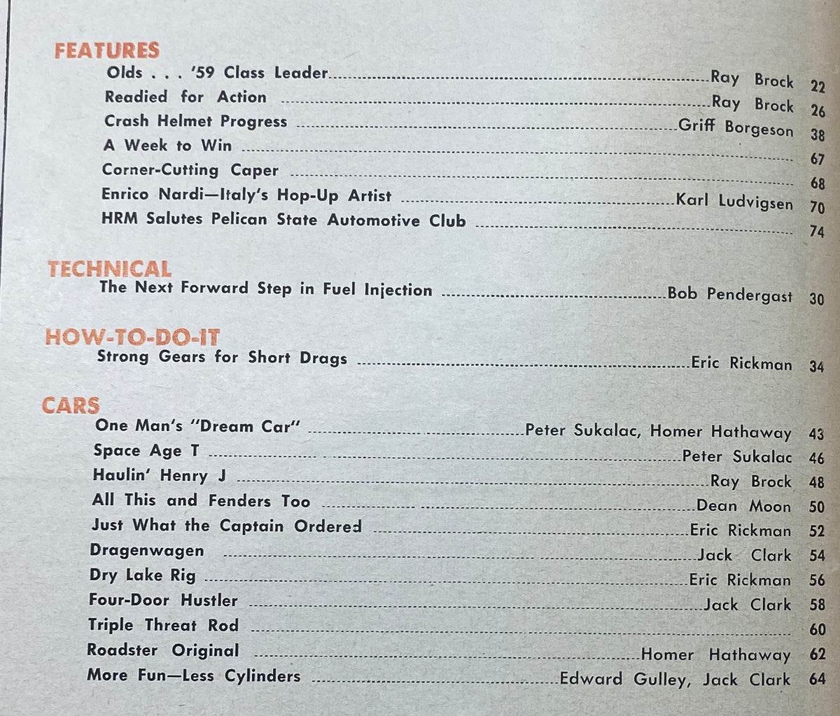 Contents page of VTG Hot Rod Magazine June 1959, listing featured articles such as 'Olds ... '59 Class Leader' and 'A Week to Win', showcasing the technical and car sections.