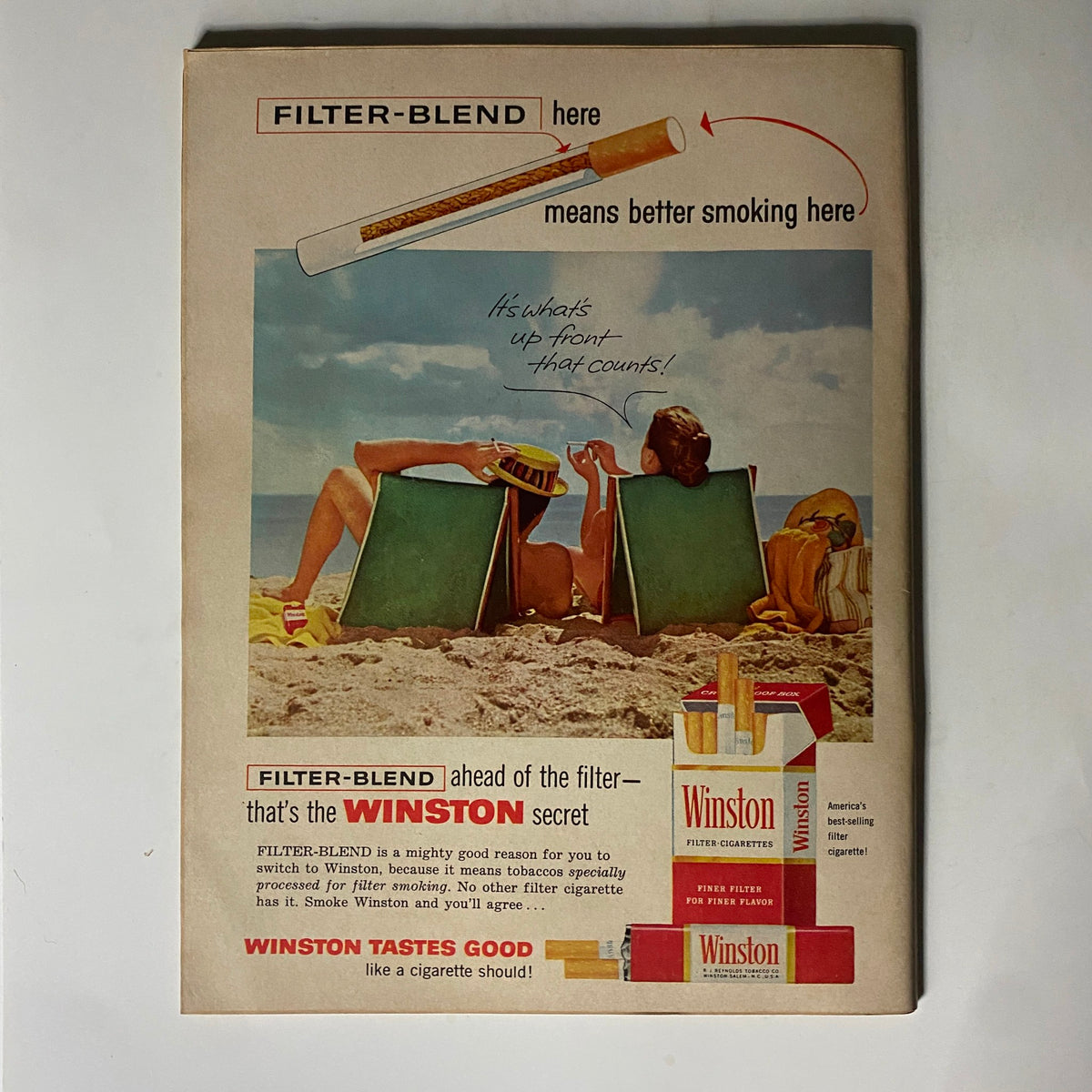 Vintage Winston Filter Cigarettes advertisement featuring a beach scene from the 1950s, highlighted in Hot Rod Magazine August 1959.