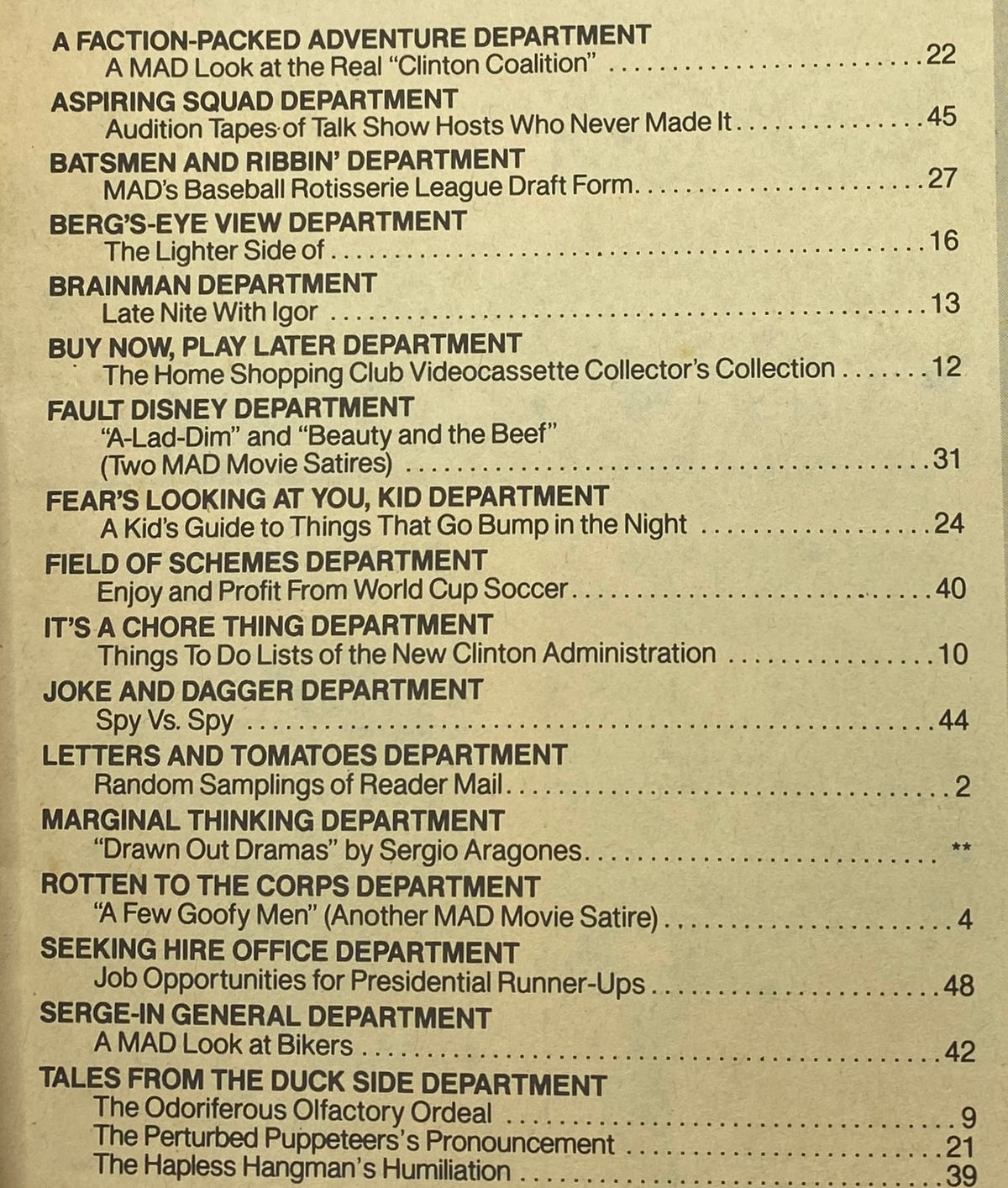 Table of contents from Mad Magazine July 1993 No. 320 listing various satirical articles and departments, including 'A MAD Look at the Real Clinton Coalition'.