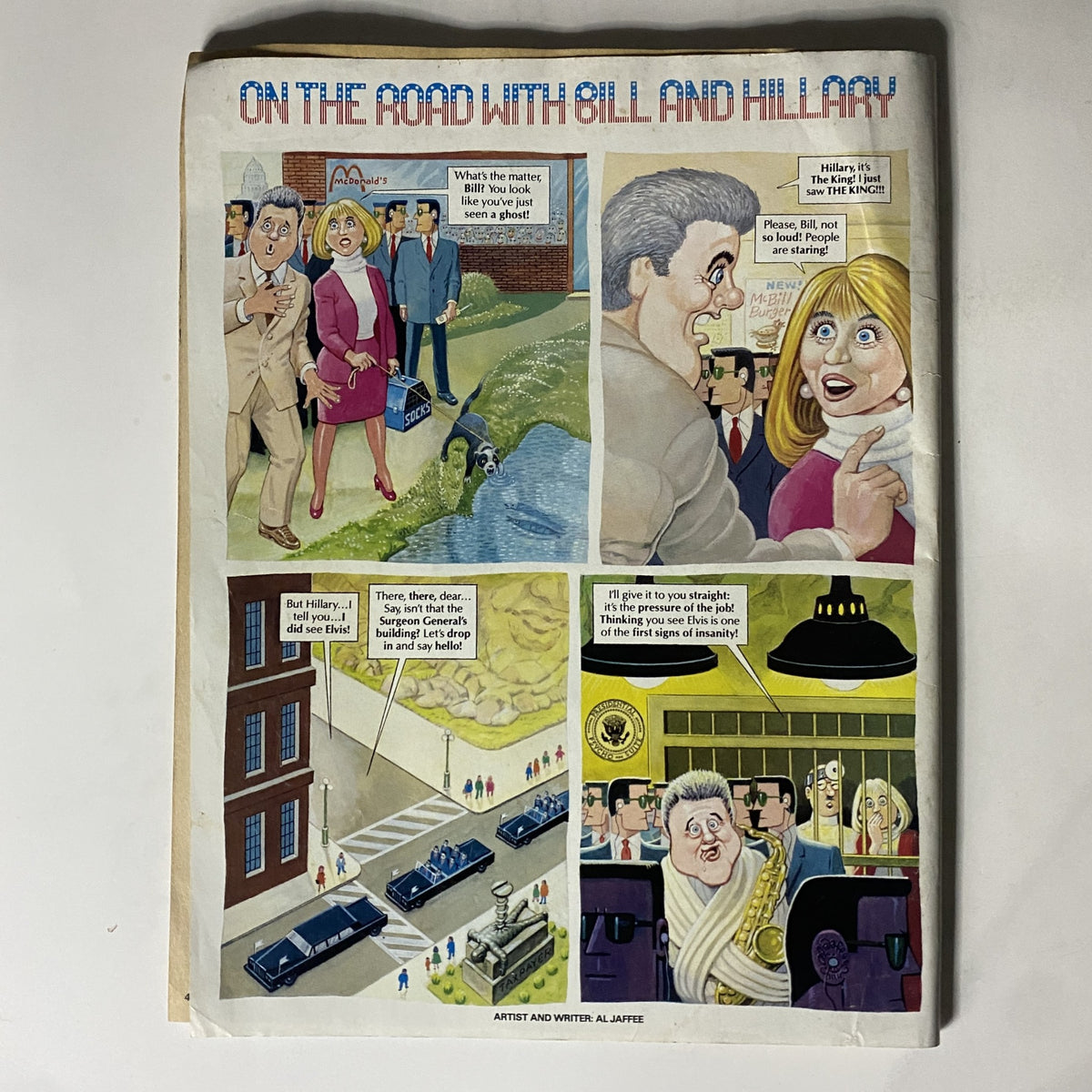 Interior illustration from Mad Magazine July 1993 No. 320, depicting Bill and Hillary Clinton in a humorous scenario with captions reflecting on politics.