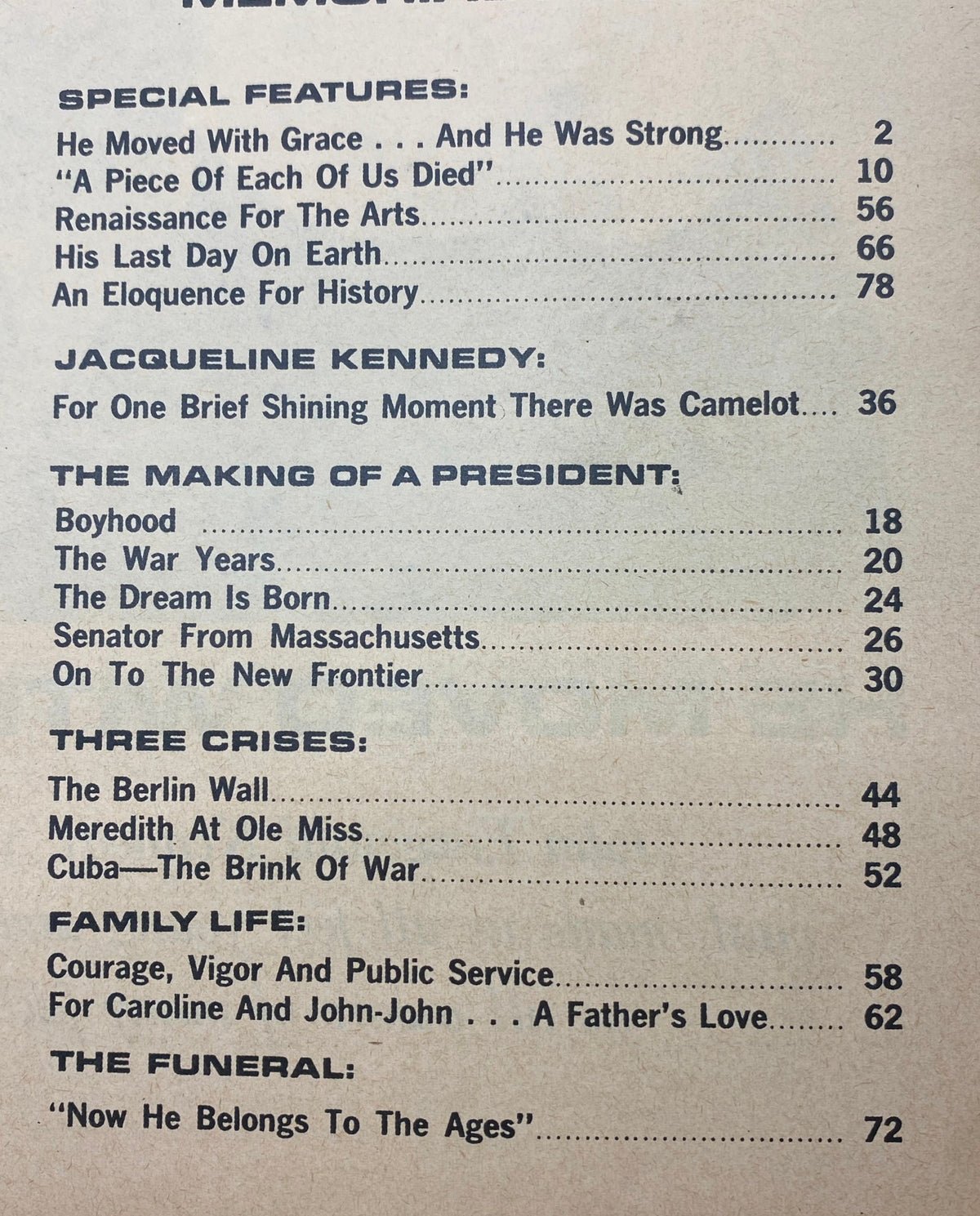Table of contents from the VTG 1964 John F. Kennedy Memorial Album, detailing special features, sections on Jacqueline Kennedy, and family-life insights. This collectible magazine captures pivotal moments and reflections on JFK's presidency.