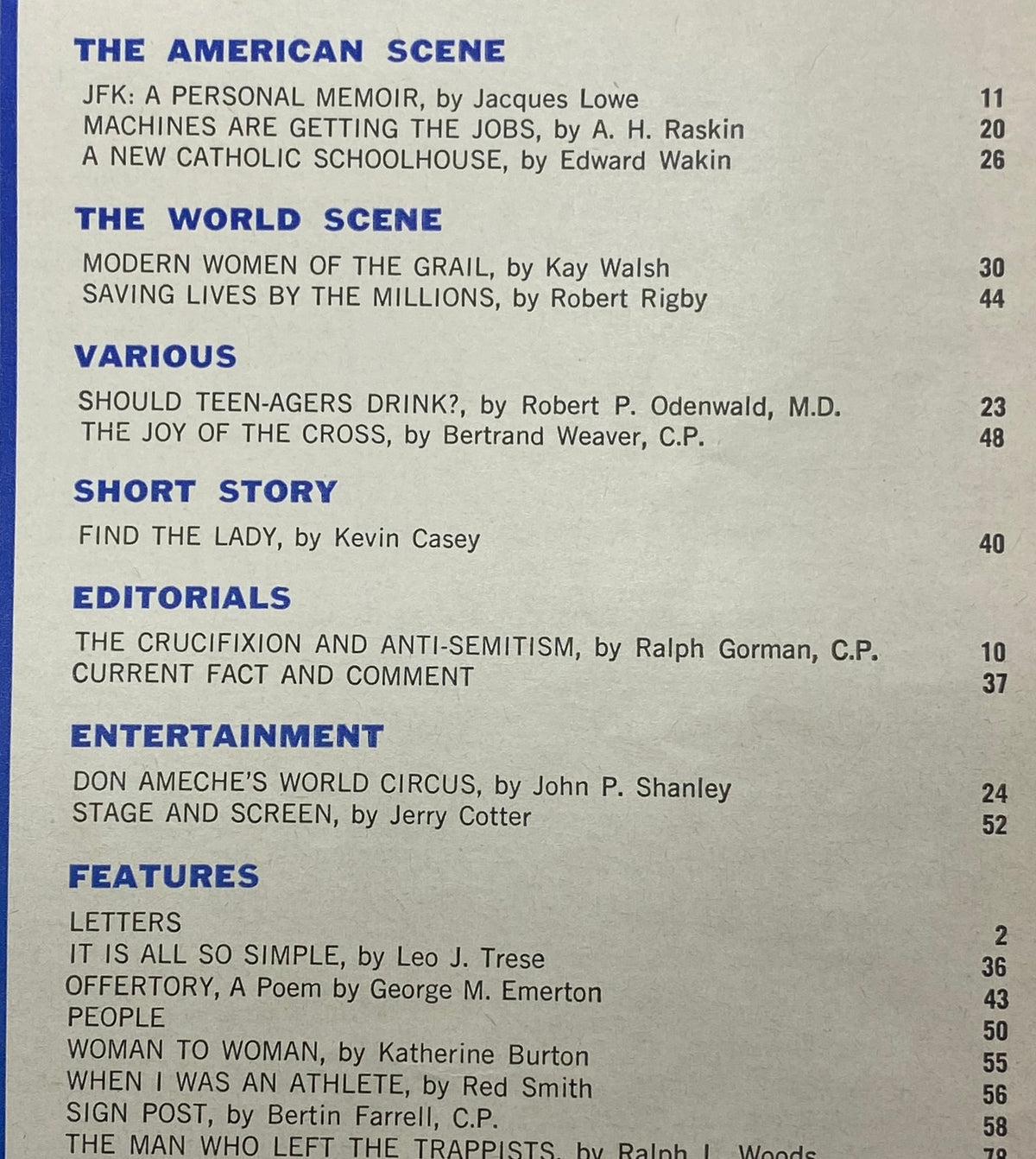 Table of contents from the February 1964 issue of 'The Sign', highlighting articles including 'JFK: A Personal Memoir'.
