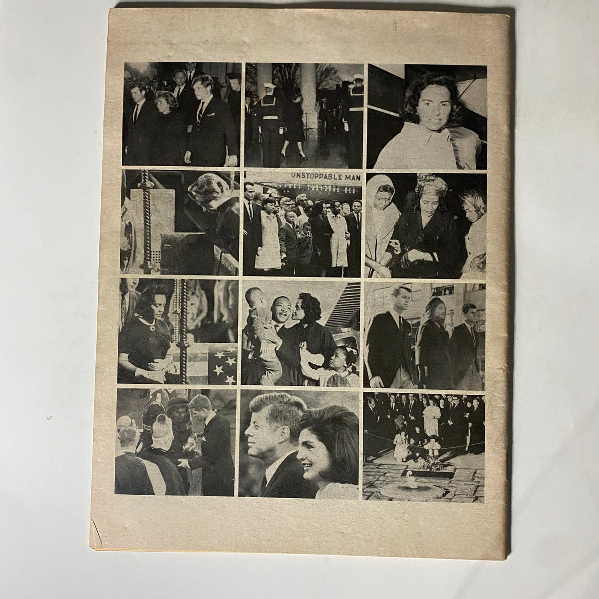 Back cover of the magazine 'United in Grief: Three Widows Share Their Sorrow,' showcasing a collage of impactful moments from the 1960s, encapsulating themes of loss and collective grief.