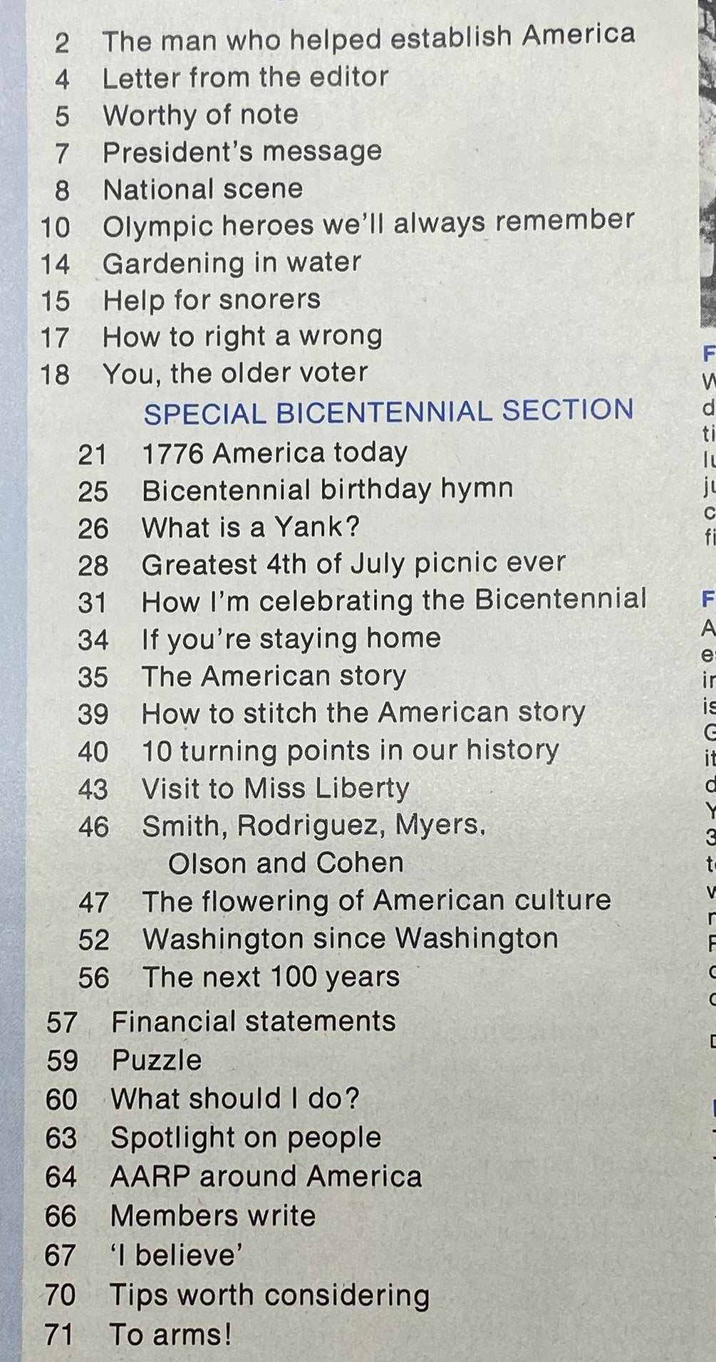Table of contents page from VTG Modern Maturity Magazine June-July 1976 detailing features related to the Bicentennial celebration and important articles.