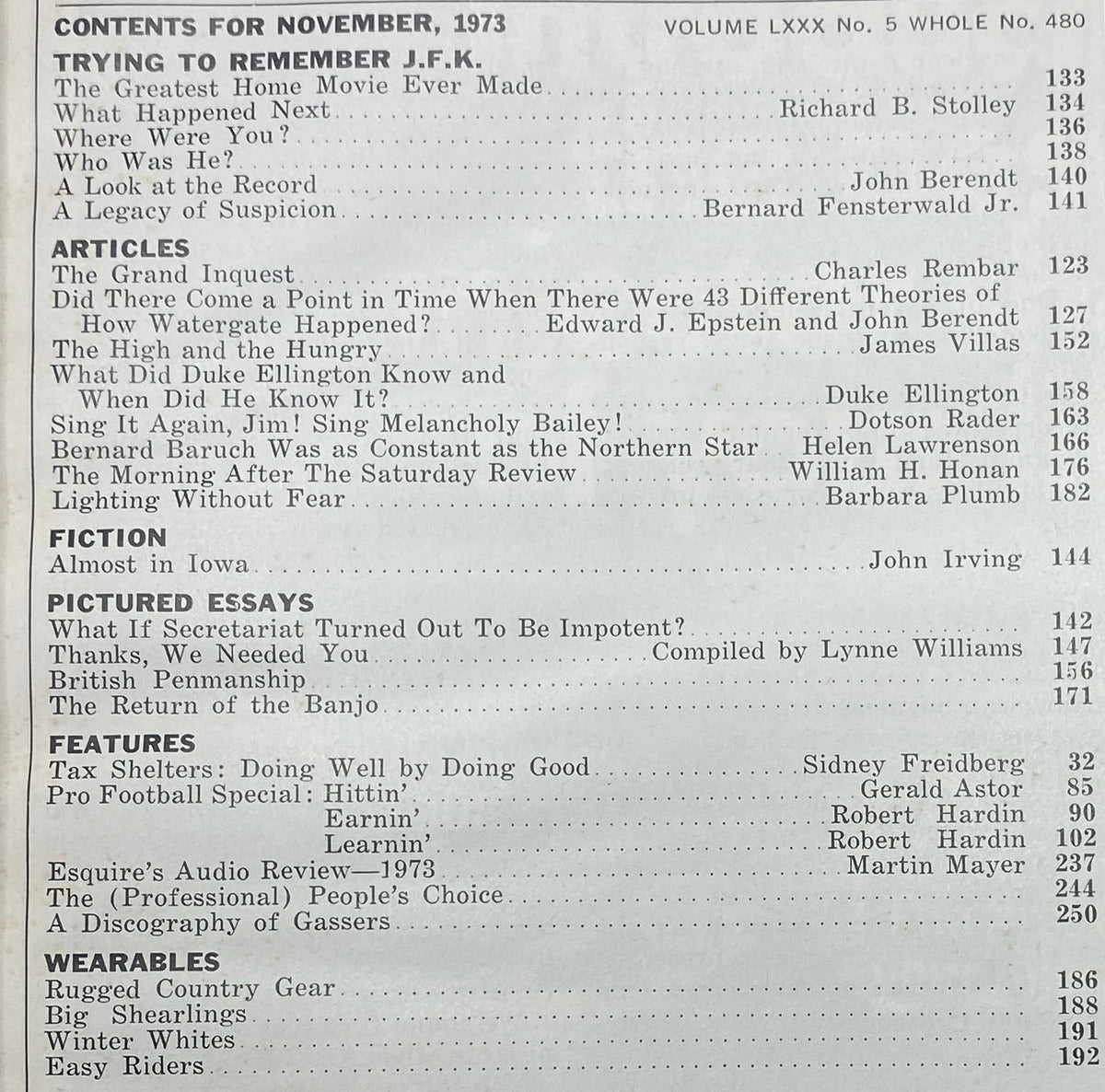 Table of contents for VTG Esquire Magazine November 1973, highlighting articles on J.F.K. and various features including Duke Ellington and Watergate.