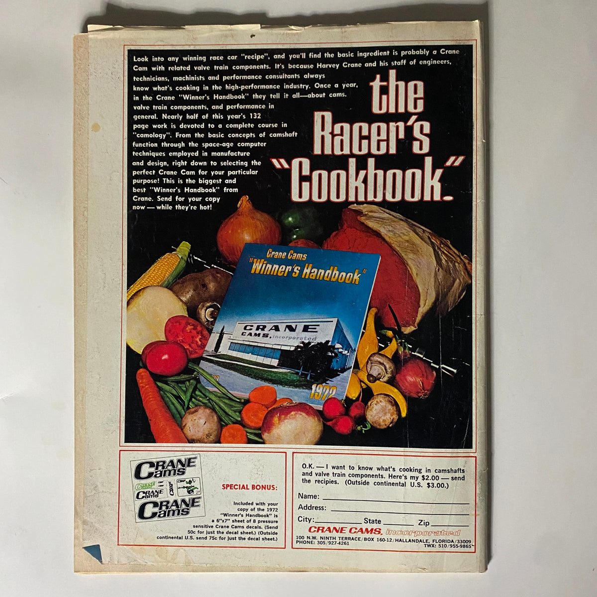 Back cover of VTG Popular Hot Rodding Magazine February 1972 promoting Crane Cams and featuring various vegetables.