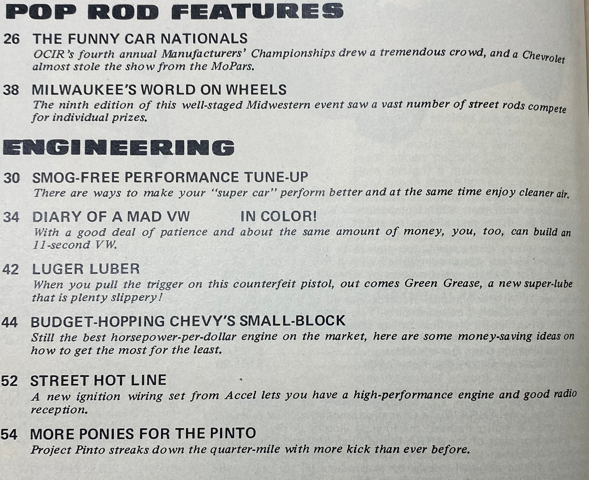Table of contents page from Popular Hot Rodding Magazine February 1972, showcasing features on events like The Funny Car Nationals and engineering tips for car performance, appealing to hot rod and automotive culture fans.