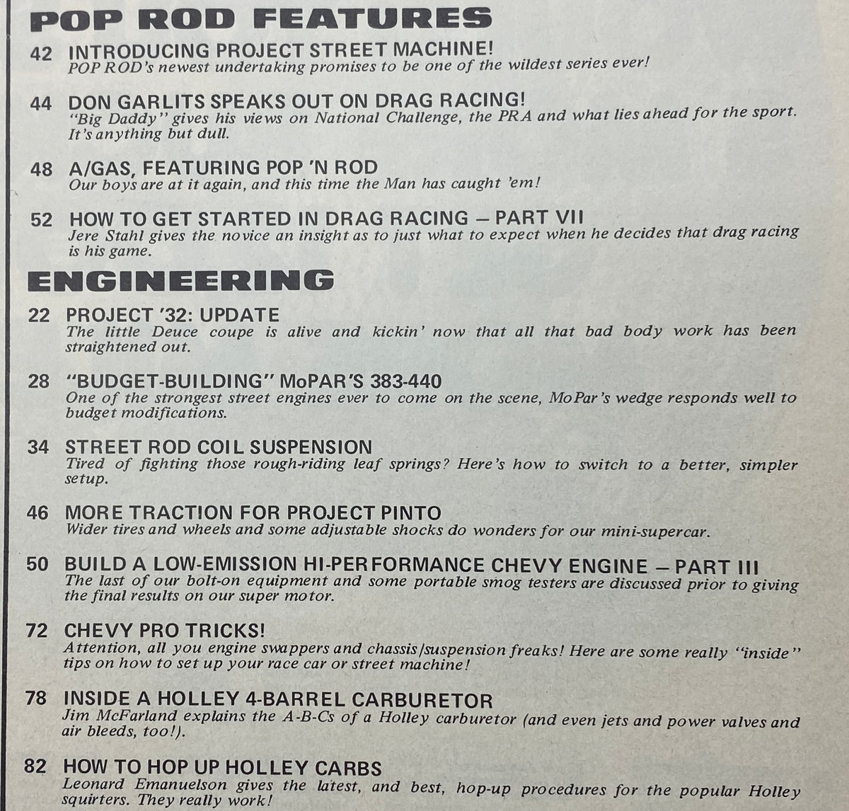 Contents page of Popular Hot Rodding Magazine April 1973 listing features such as Project Street Machine, Don Garlits' insights on drag racing, and various engineering tips for car enthusiasts.