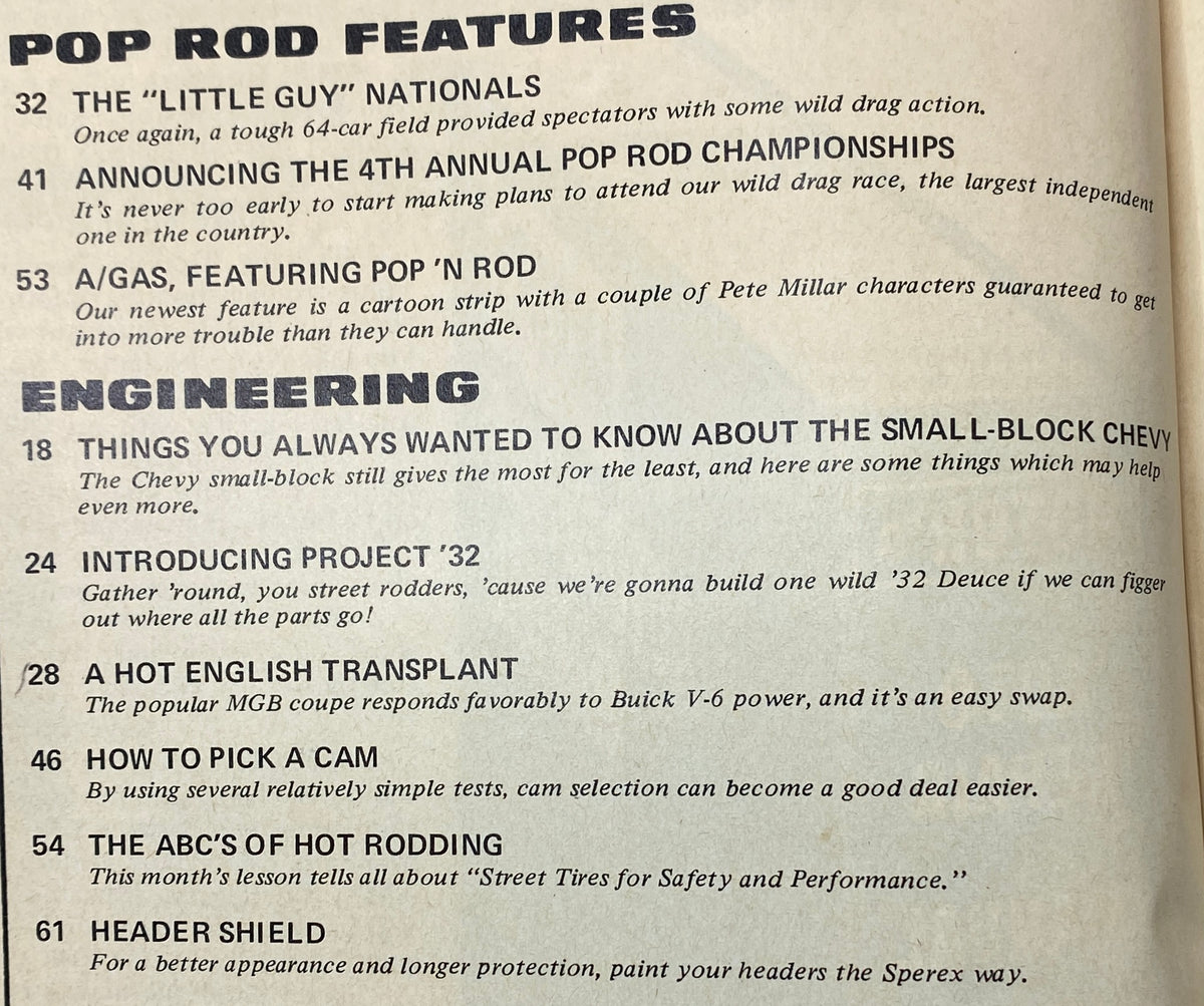 Page from Popular Hot Rodding Magazine March 1972 outlining features including 'The Little Guy Nationals', 'How to Pick a Cam', and 'Introducing Project 32', reflecting detailed articles on automotive engineering and hot rodding.