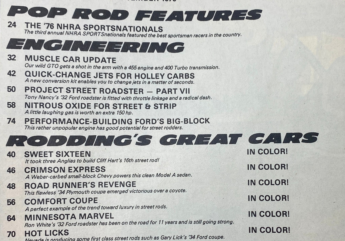 Table of contents from Popular Hot Rodding Magazine September 1976 highlighting features on muscle cars, engineering updates, and car profiles.