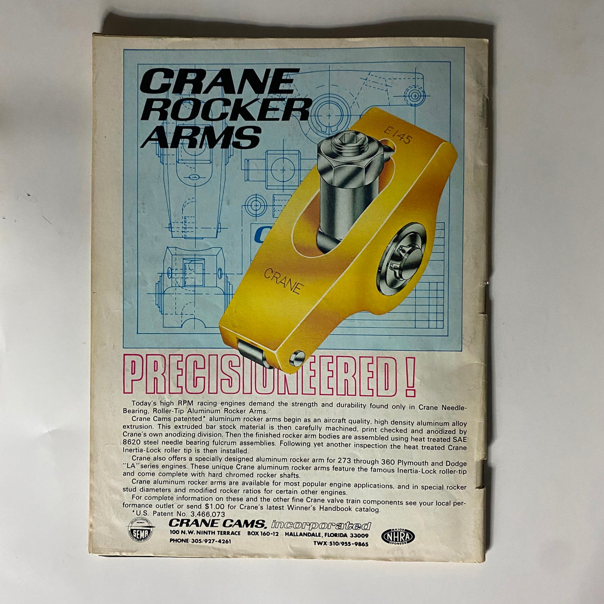 Popular Hot Rodding Magazine September 1976 featuring Crane Rocker Arms advertisement showcasing precision-engineered aluminum rocker arms for racing engines, emphasizing strength and durability in performance automotive applications.
