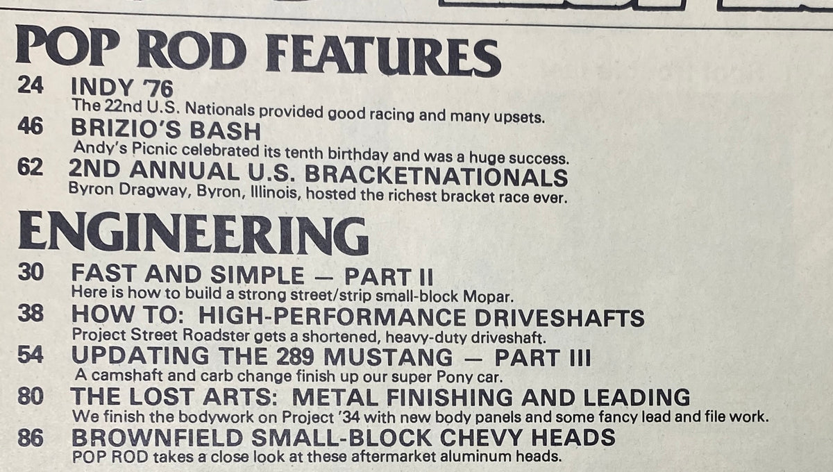 Page from Popular Hot Rodding Magazine December 1976 listing features including Indy 76, Brizio's Bash, and engineering tips for car modifications.