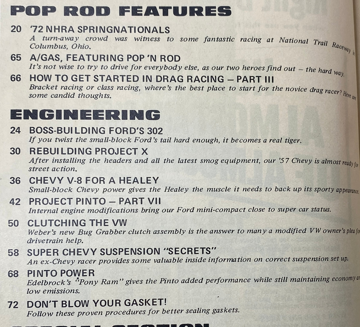 Inside page of Popular Hot Rodding Magazine September 1972 featuring NHRA Springnationals highlights and engineering topics including drag racing tips and Ford's 302 engine.
